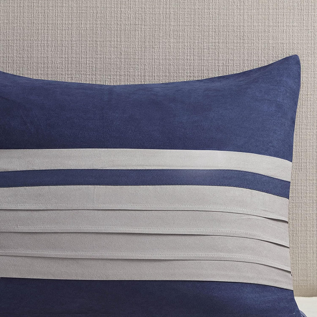 Madison Park Cozy Comforter Set-Luxury Faux Suede Design, Striped Accent, All Season Down Alternative Bedding, Matching Shams, Decorative Pillow, Blue, California King (104 in x 92 in)