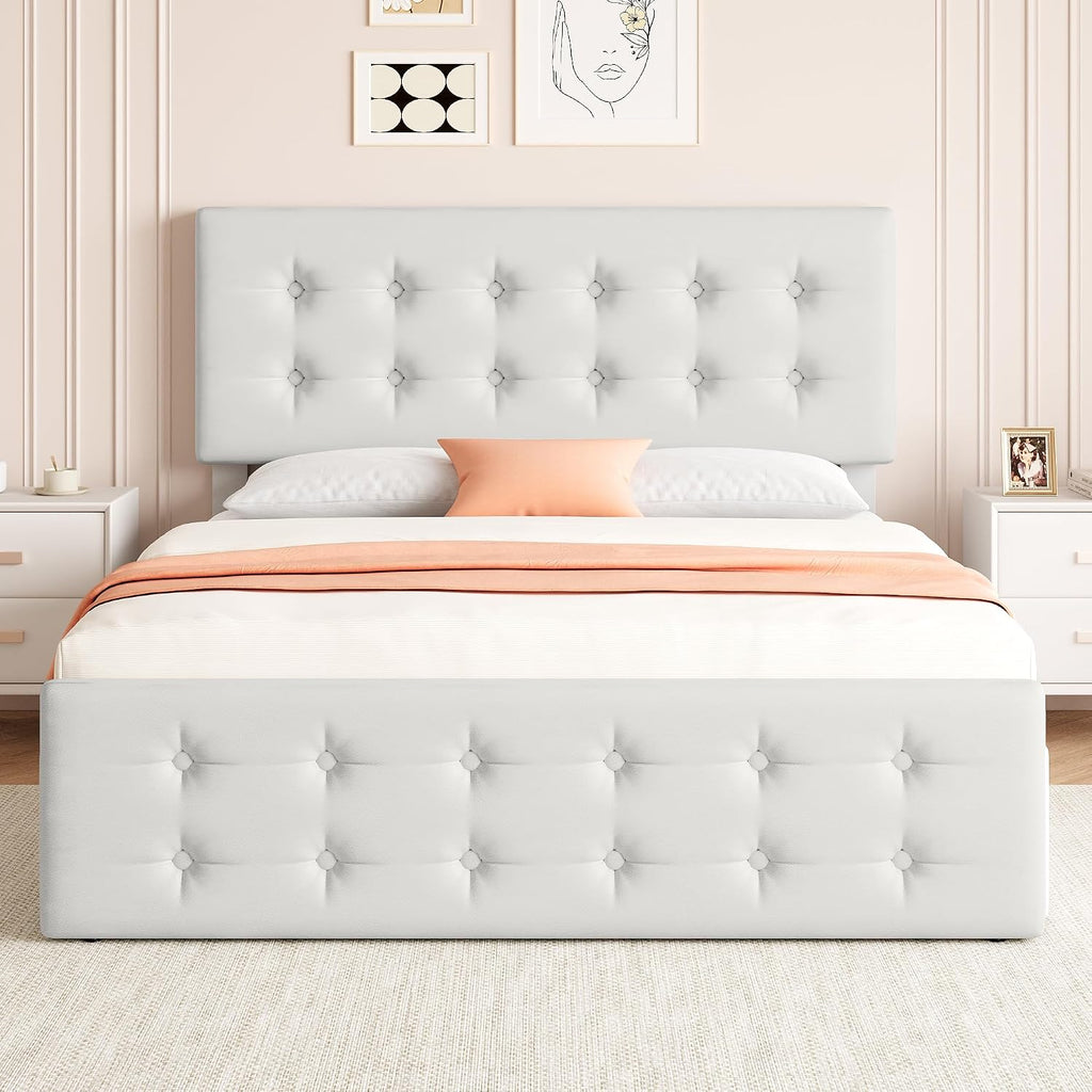 IDEALHOUSE Queen Size Bed Frame with 4 Storage Drawers and Headboard, Faux Leather Upholstered Platform Bed Frame with Wooden Slats Support, Button Tufted Design, No Box Spring Needed, Beige