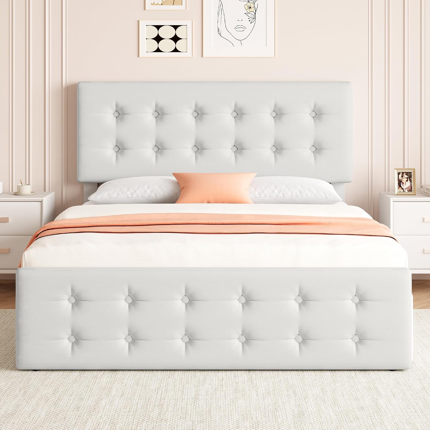 IDEALHOUSE Queen Size Bed Frame with 4 Storage Drawers and Headboard, Faux Leather Upholstered Platform Bed Frame with Wooden Slats Support, Button Tufted Design, No Box Spring Needed, Beige