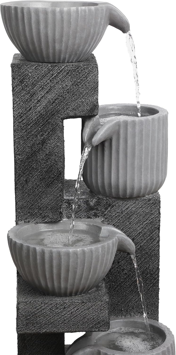 Alpine Corporation 40' Tall Outdoor 5 Tiered Pot Decorative Waterfall Floor Fountain with LED Lights, Perfect for Patios, Yards, and Landscaping, Gray