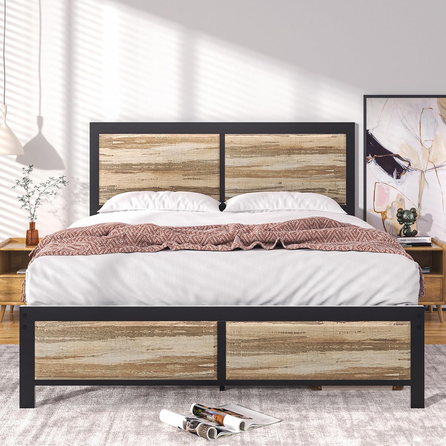 VECELO Queen Size Bed Frame with Wood Headboard and Footboard, 14 Inch Platform Mattress Foundation, No Box Spring Needed, Heavy Duty Slats Support, Easy Assembly, Rustic Oak