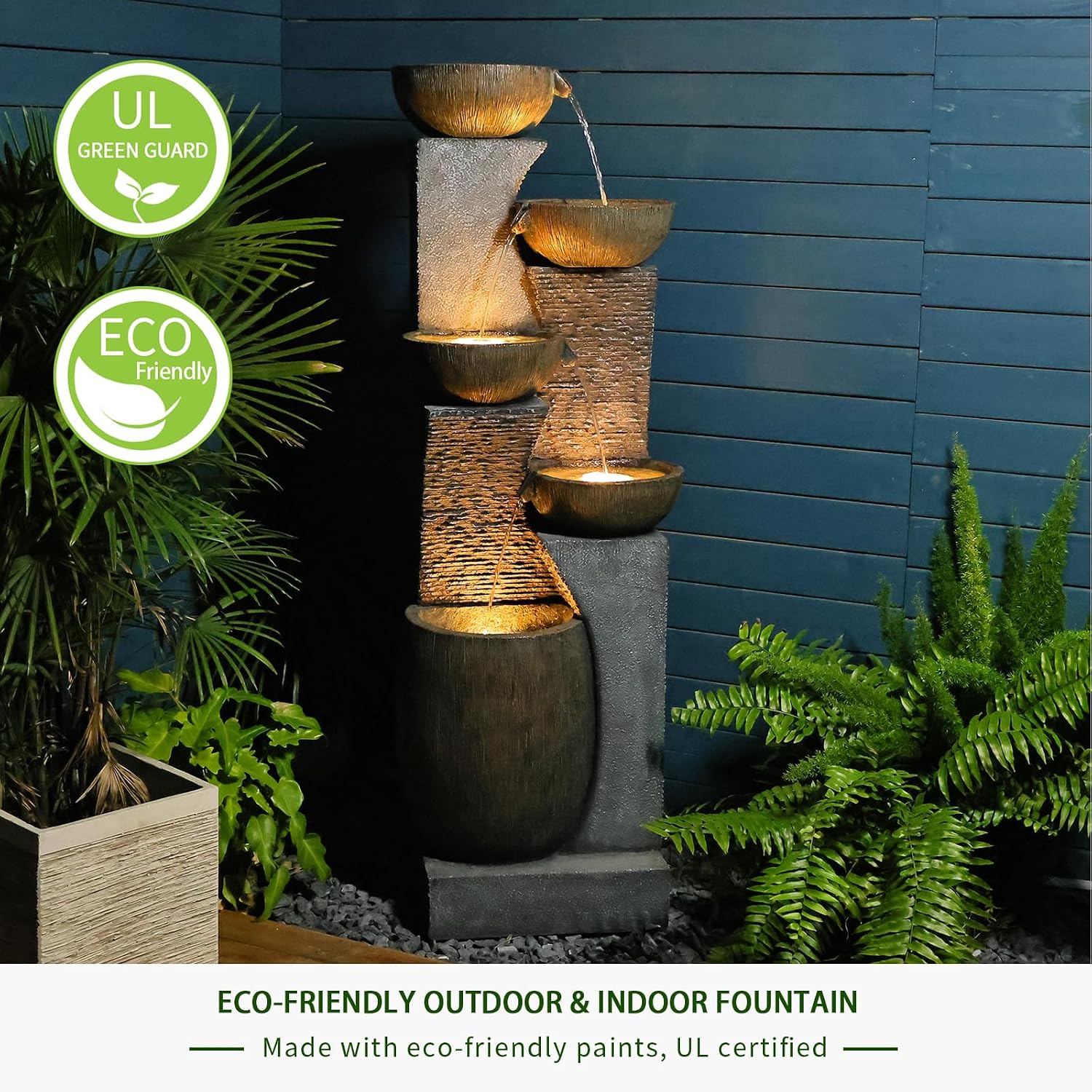 Bumilgar 51.4' H Outdoor Garden Water Fountain for Garden, Patio, Backyard, Deck, Porch and Home Art Decor, 5 Tiers Modern Cascading Large Outdoor Fountain with Lights