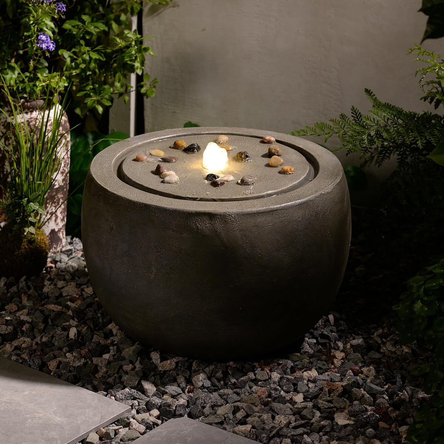 Tankana Garden Medium Water Fountain Outdoor Bubbler Water Feature Indoor with Lights & Pump and Pebbles Waterfall Fountains for Patio Deck Yard Home Decor Gray, 18 'L x 18' W x 11.5' H