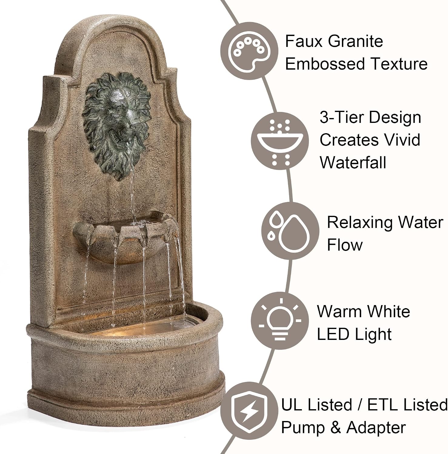 Glitzhome 3-Tier Outdoor Water Fountain with LED Light, Oversized Vintage European Style Lion Head Waterfall Fountains, Rustic Faux Granite Fountain for Garden Patio Deck Porch, 31.75'H
