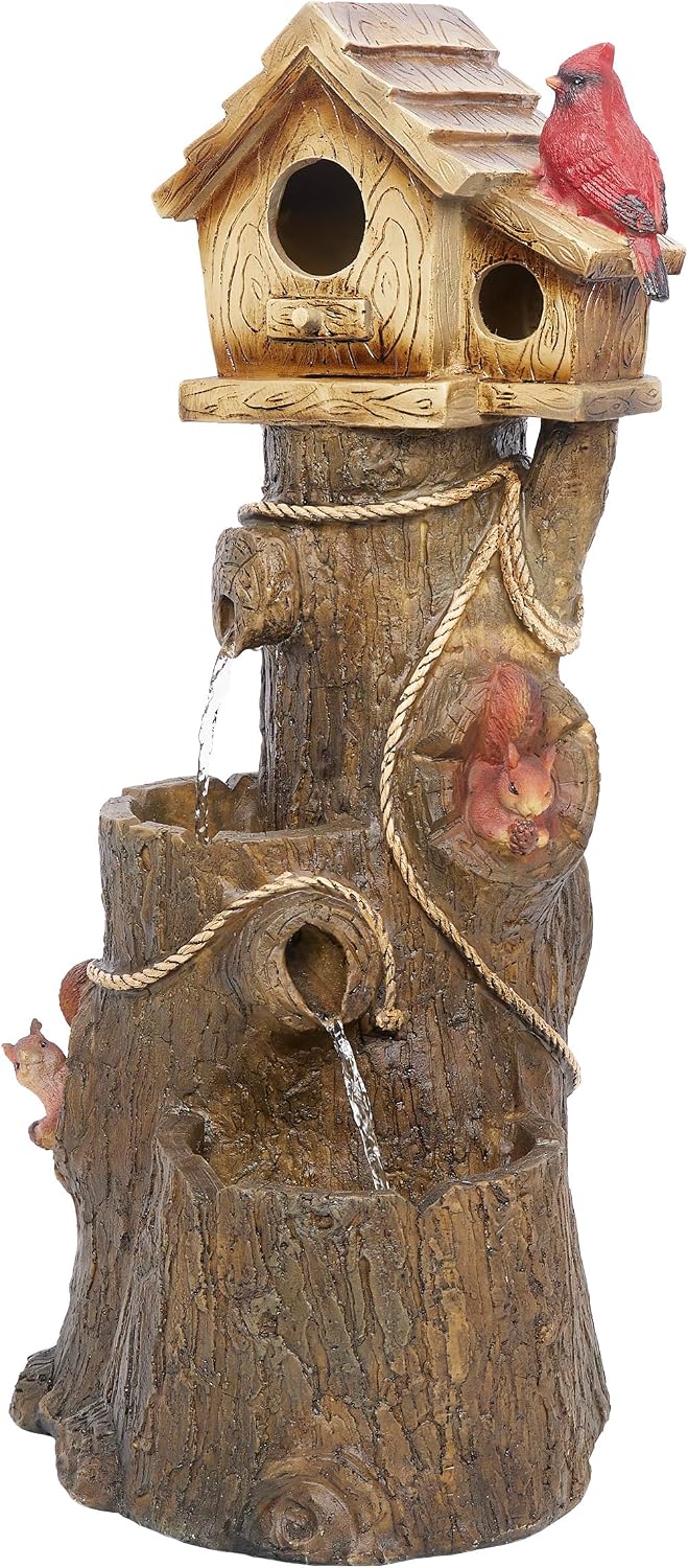 Alpine Corporation ZEN552 Outdoor Multitiered Birdhouse with Cardinal and Squirrels Water Floor Fountain for Patios, Gardens, and Yard Decor, 24' H, Brown