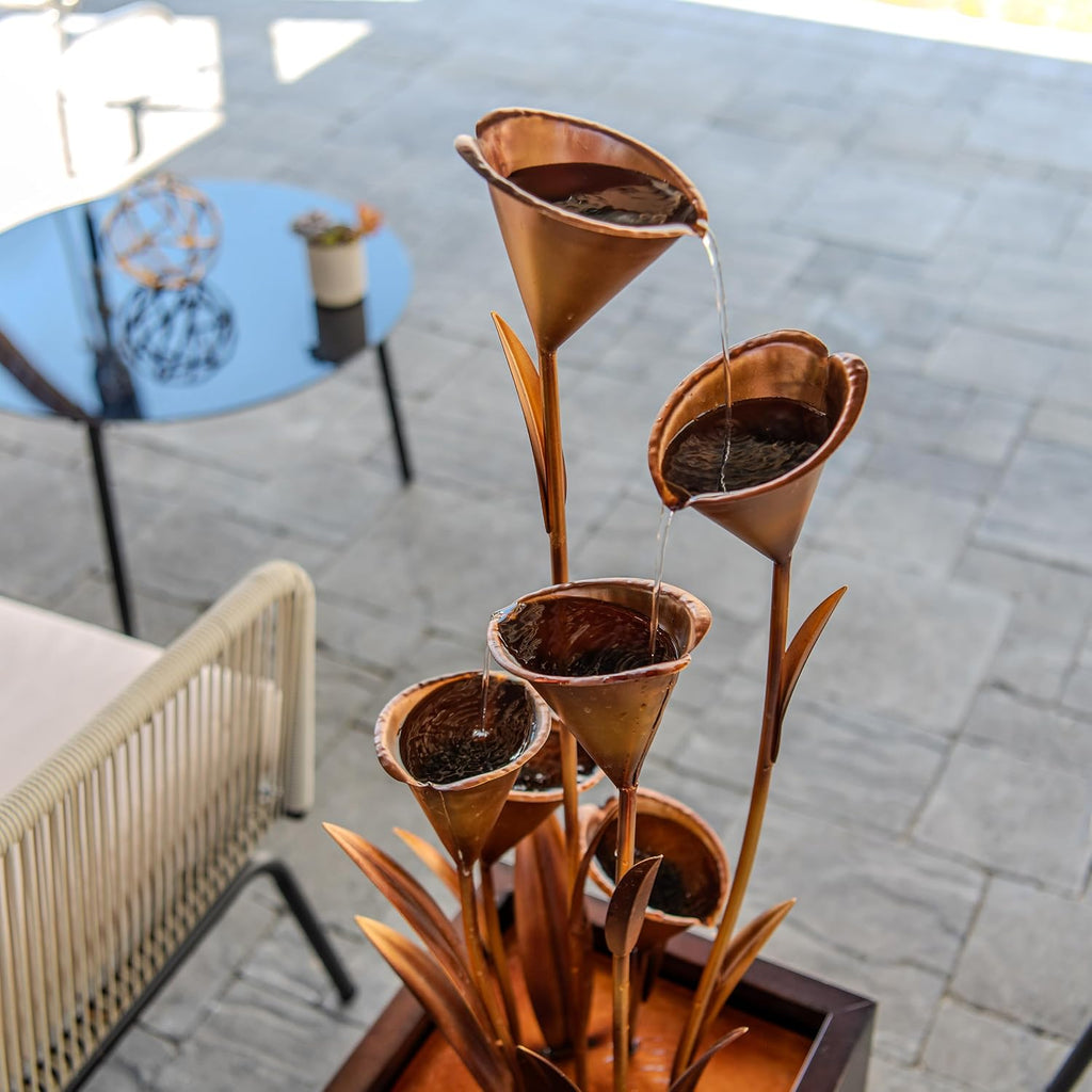 XBrand 46' Tall Bronze Metal Sculptural Flower Multi-Tier Freestanding Water Fountain for Indoor & Outdoor Use, Decorative Garden Patio Backyard Water Feature