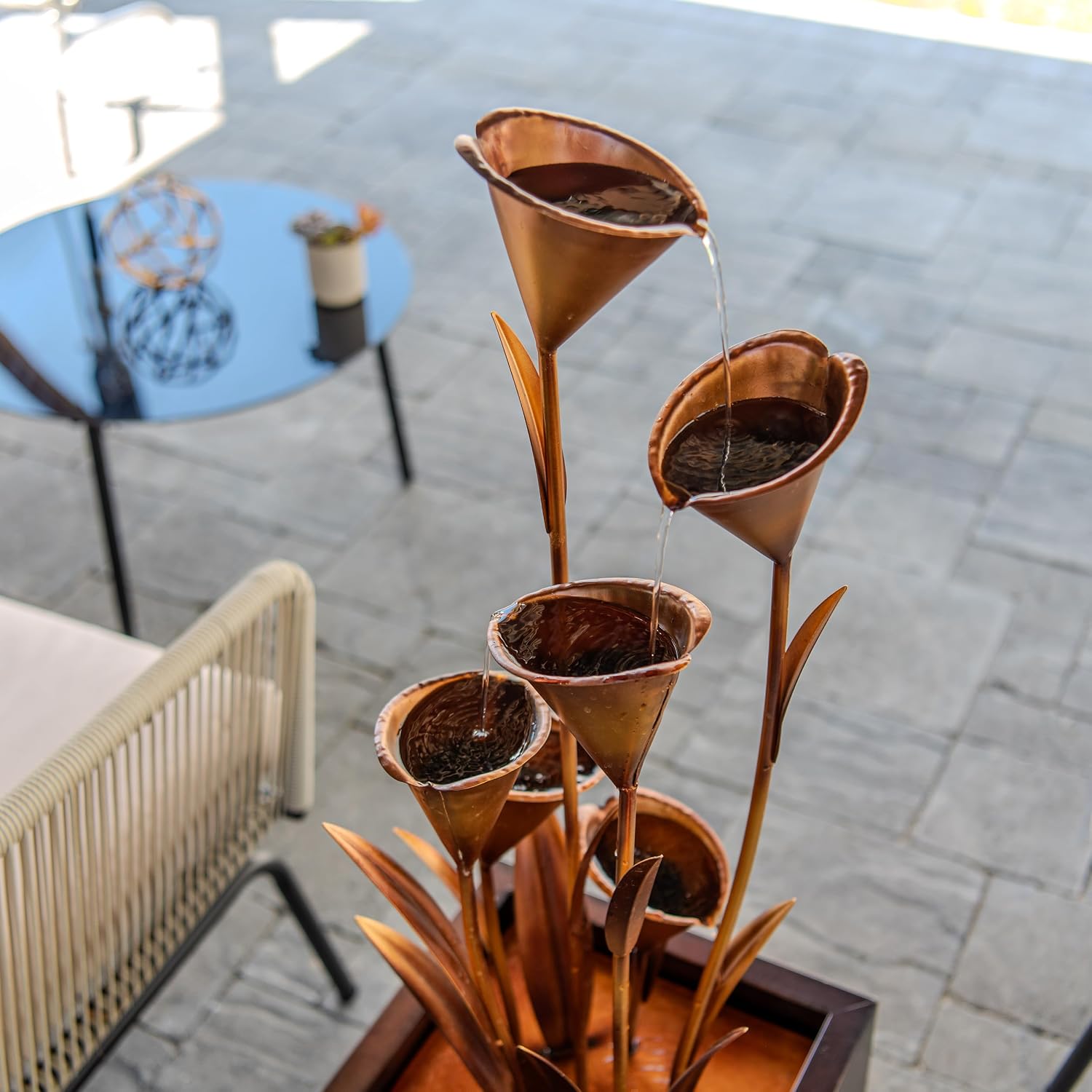 XBrand 46' Tall Bronze Metal Sculptural Flower Multi-Tier Freestanding Water Fountain for Indoor & Outdoor Use, Decorative Garden Patio Backyard Water Feature