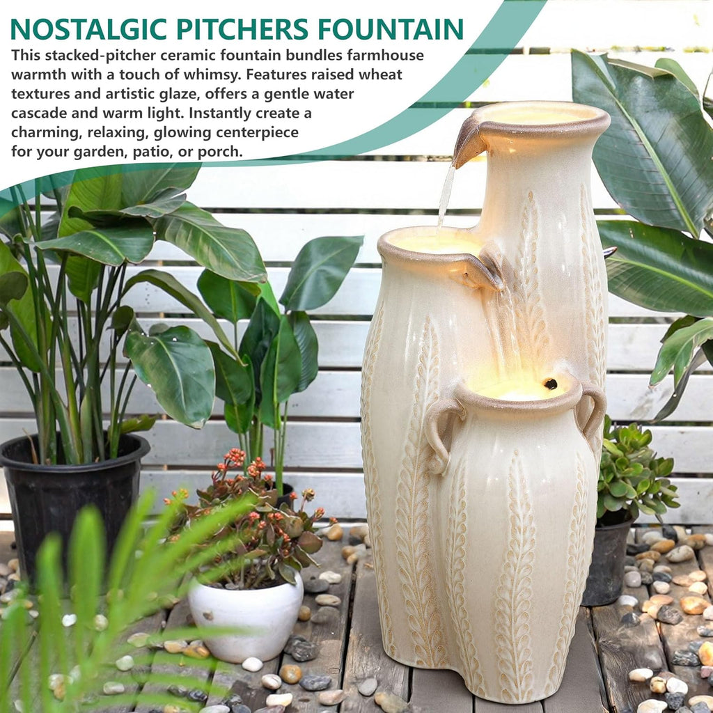 29.5' H Ceramic Outdoor Water Fountain with LED Lights, 3-Tier Vase Cascading Water Feature, Beige Glaze with Embossed Leaf Patterns, Tranquil Waterfall for Garden, Patio, Yard, or Porch