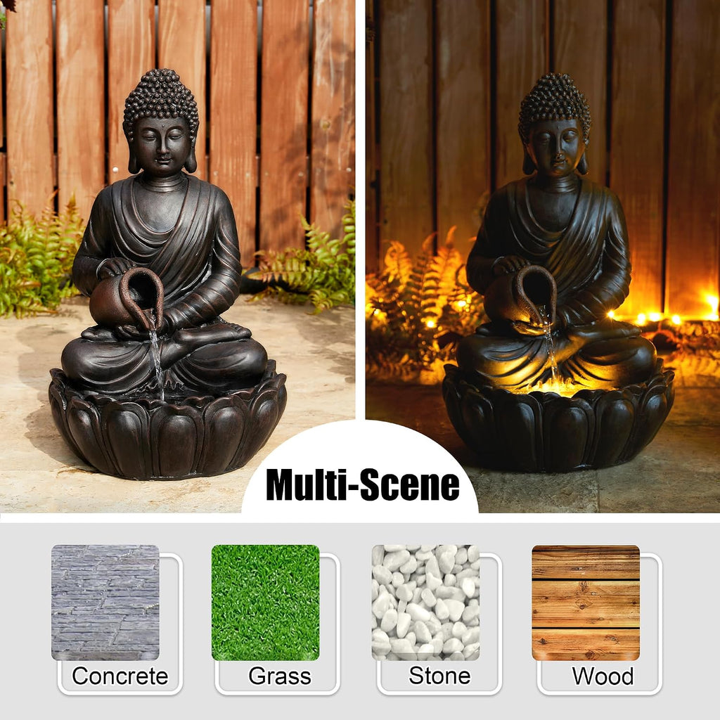 Glitzhome Buddha Fountain Outdoor 2 Tier Zen Style Buddha Water Fountains with Pump & LED Light, Buddha Fountains and Waterfalls Outdoor Floor Fountain Buddha Statues for Garden Patio Backyard 20.5'H