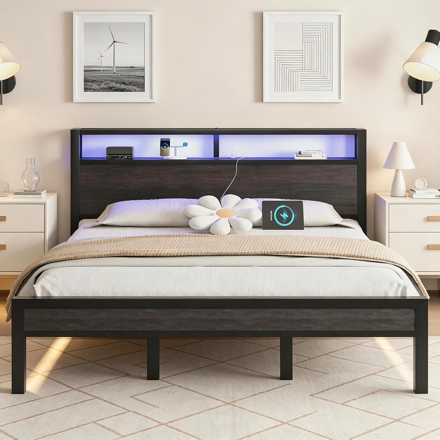 LoVinson King Size Bed Frame with Charging Station and LED Light, Metal Platform Bed with Storage Headboard, Noise Free, No Box Spring Needed, Easy Assembly, Grey