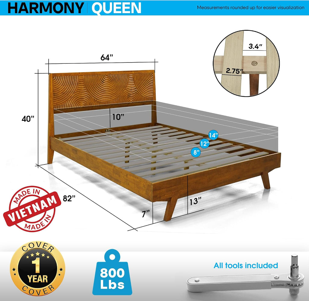 Acacia Harmony Queen Platform Bed Frame – Solid Rubber Wood, Caramel Finish, Mid-Century Modern Style, Distinctive Circular Grain, 800lbs Capacity, No Box Spring Needed, Easy Assembly