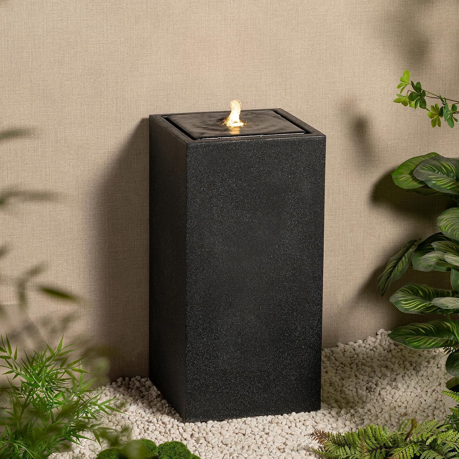 25.98' H Outdoor Water Fountain Made with Eco-Friendly Recyclable Materials, Polyethylene Square Bubbler Outdoor Fountain, Garden Decor with LED Light for Patio, Porch, Backyard (25.98')