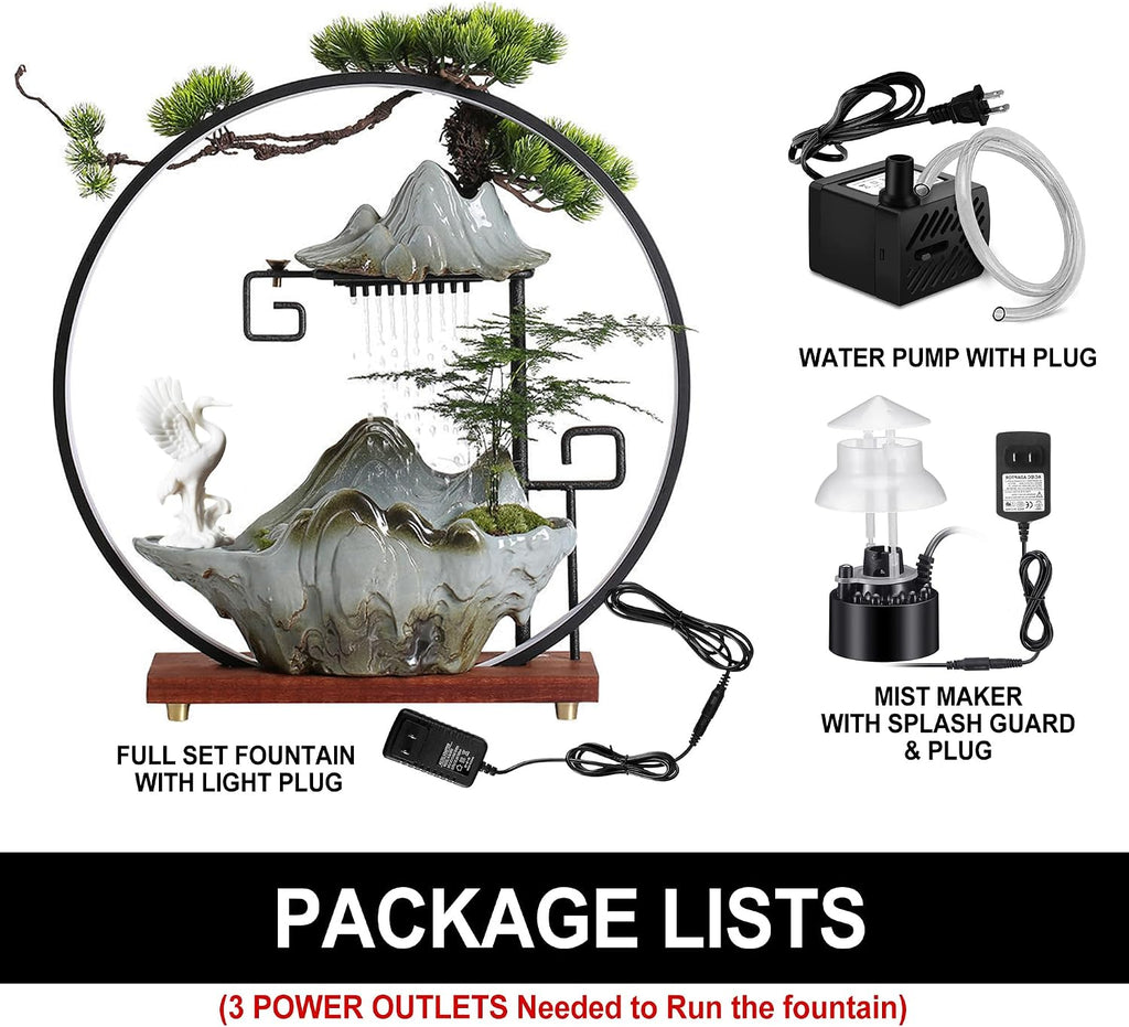 Crane Tabletop Fountain Indoor Waterfall Fountain Office Tabletop Water Fountain with Lights Backflow Incense Burner Ceramic Indoor Zen Decor for Home Office Yoga Meditation (Crane)