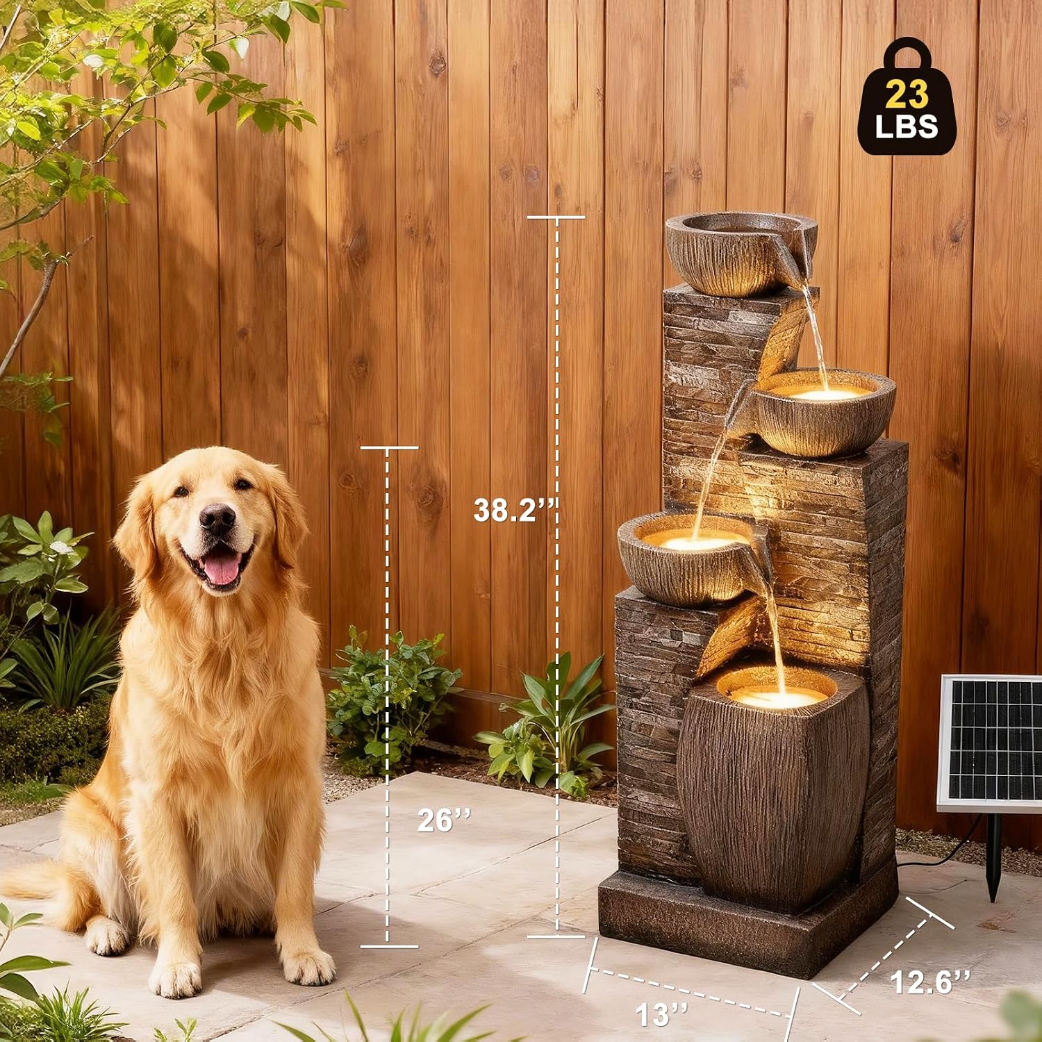 38.2' Tall Solar Water Fountain Outdoor Garden,Stone Texture Modern 4 Tiers Cascading Bowls Garden Fountains Outdoor,Suit for Patio, Deck, Porch, Lawns, Backyard and Home Art Decor