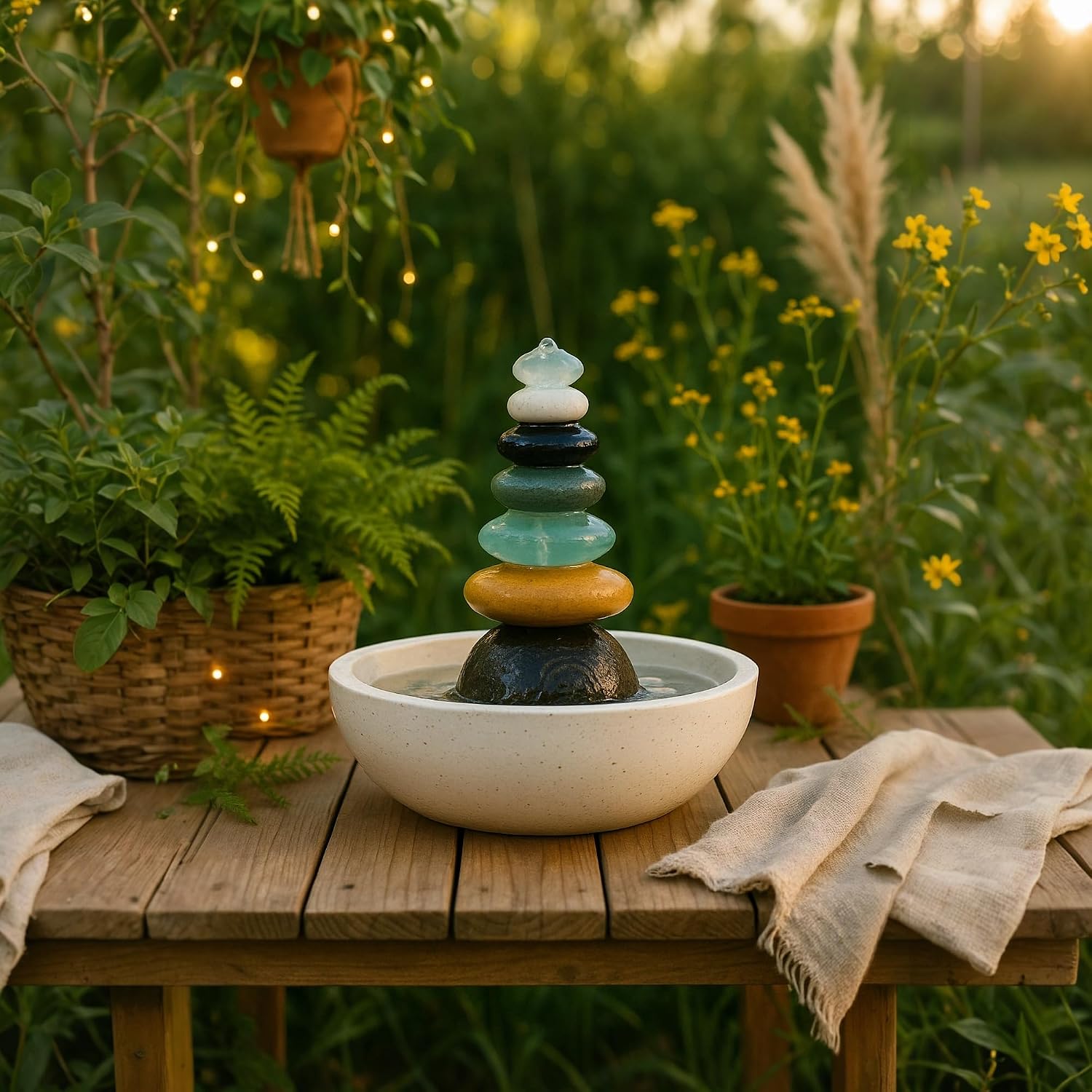 Natural Septuple Rock Cairn Water Fountain with Glass - Indoor Tabletop Water Fountain - Natural Stone & Recycled Glass Water Feature for Home and Office Decor