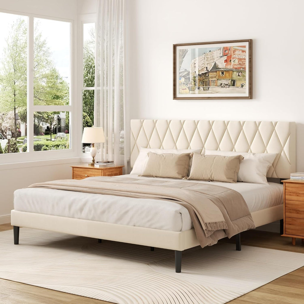 CXVX King Size Bed Frame with Diamond Tufted Headboard, Velvet Upholstered Platform Bed and Wooden Slat Support, Noise-Free, No Box Spring Needed, Easy Assembly, Beige