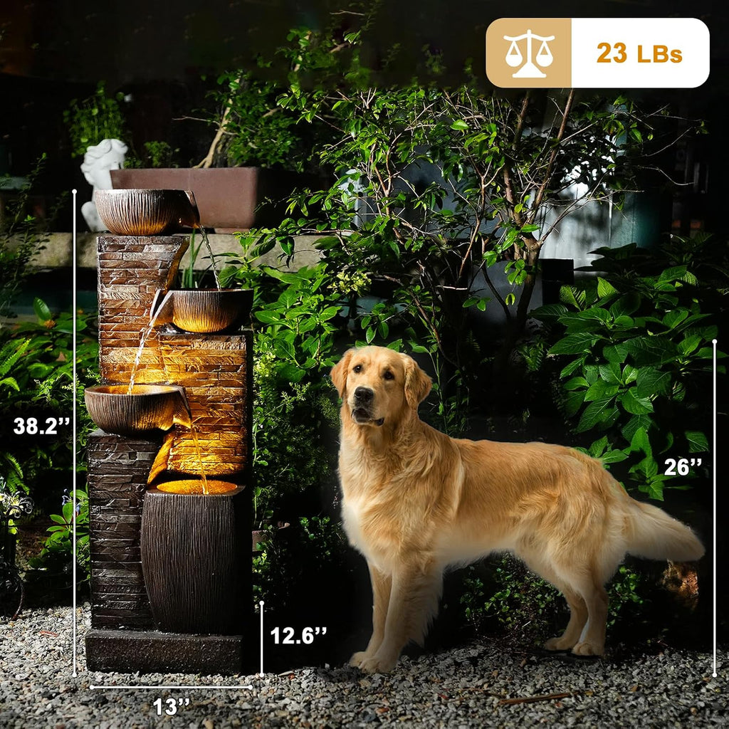 38.2' Tall Outdoor Water Fountain,Stone Texture Modern 4 Tiers Cascading Bowls Garden Fountains Outdoor,Suit for Patio, Deck, Porch, Lawns, Backyard and Home Art Decor
