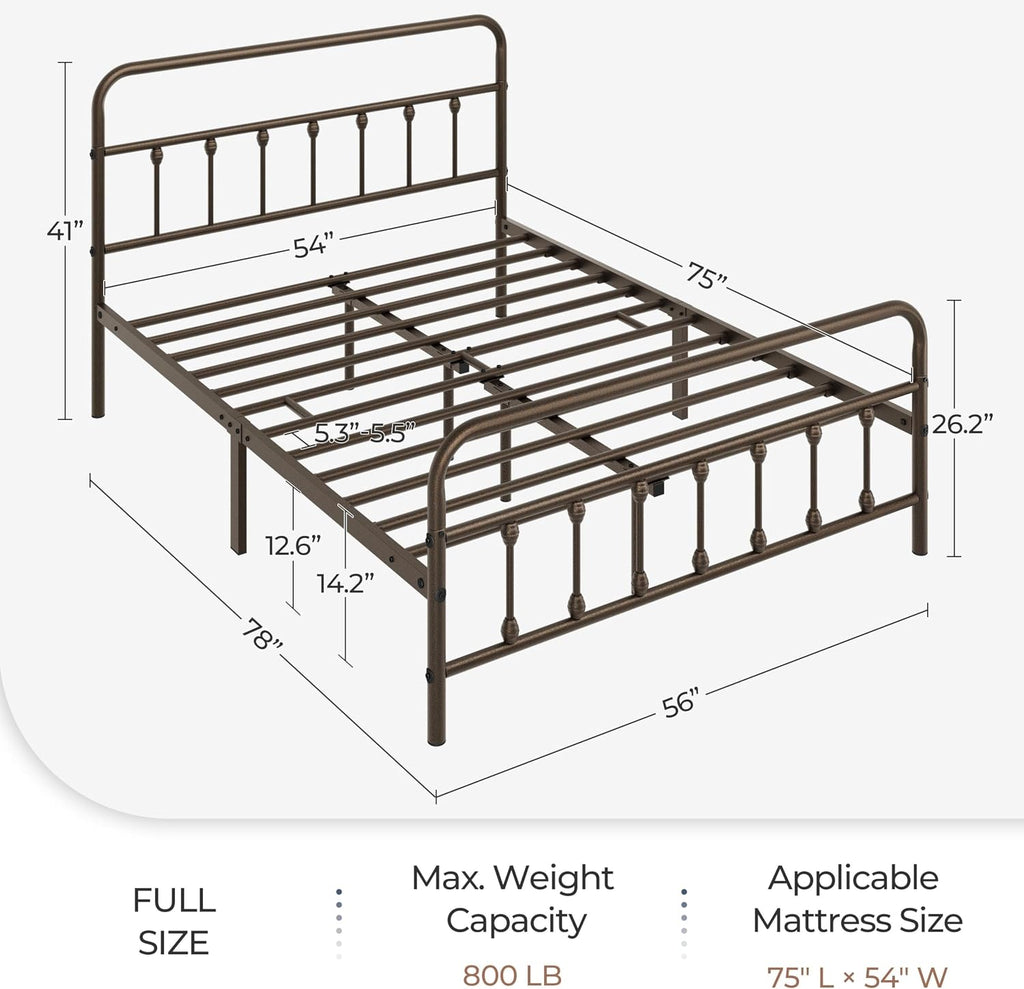 Topeakmart Full Size Victorian Style Metal Bed Frame with Headboard/Mattress Foundation/No Box Spring Needed/Under Bed Storage/Strong Slat Support Bronze