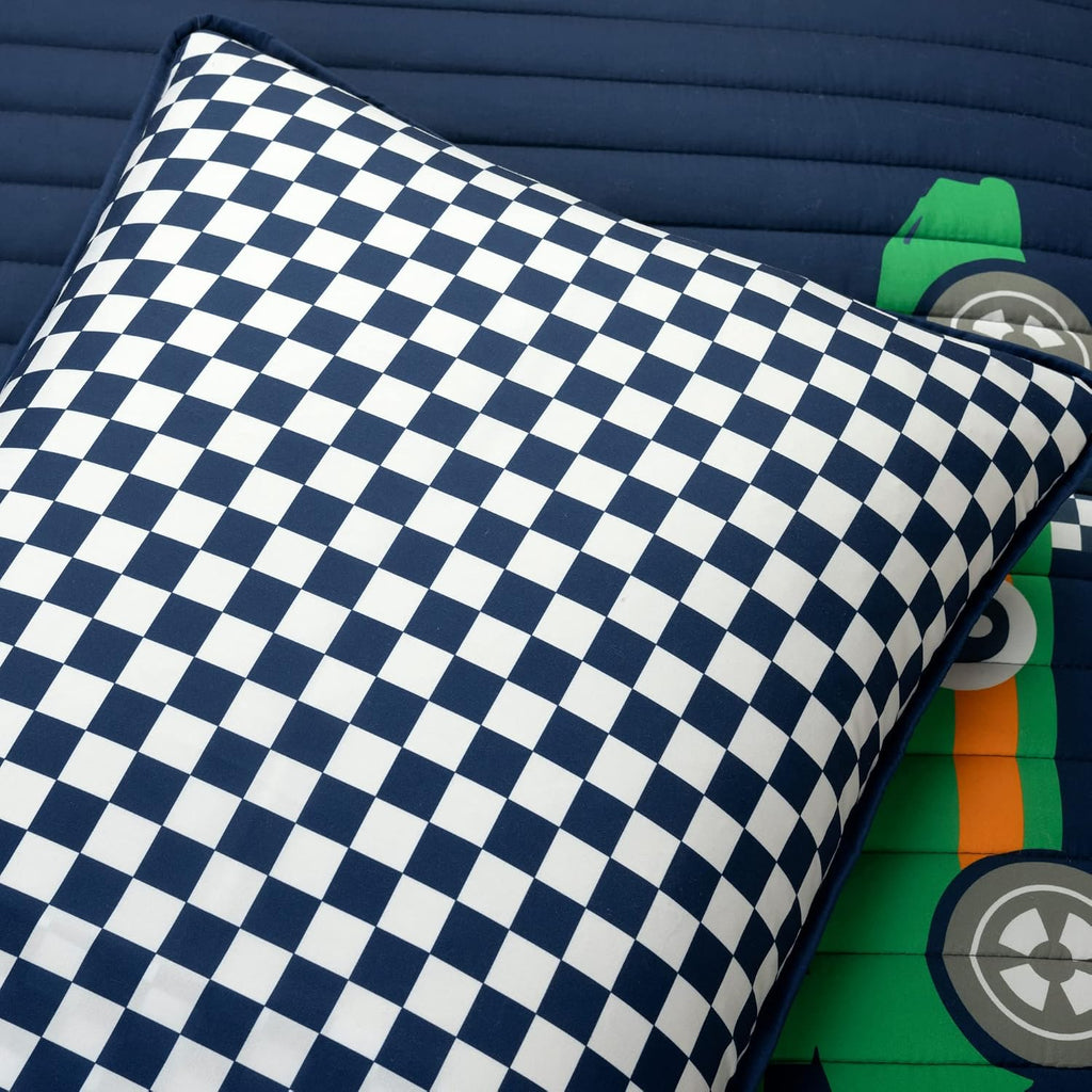 Lush Decor Racing Cars Reversible Quilt Queen Size 5 Piece Set Full/Queen Navy - Kids Bedding Set Queen Quilt - Car Decor
