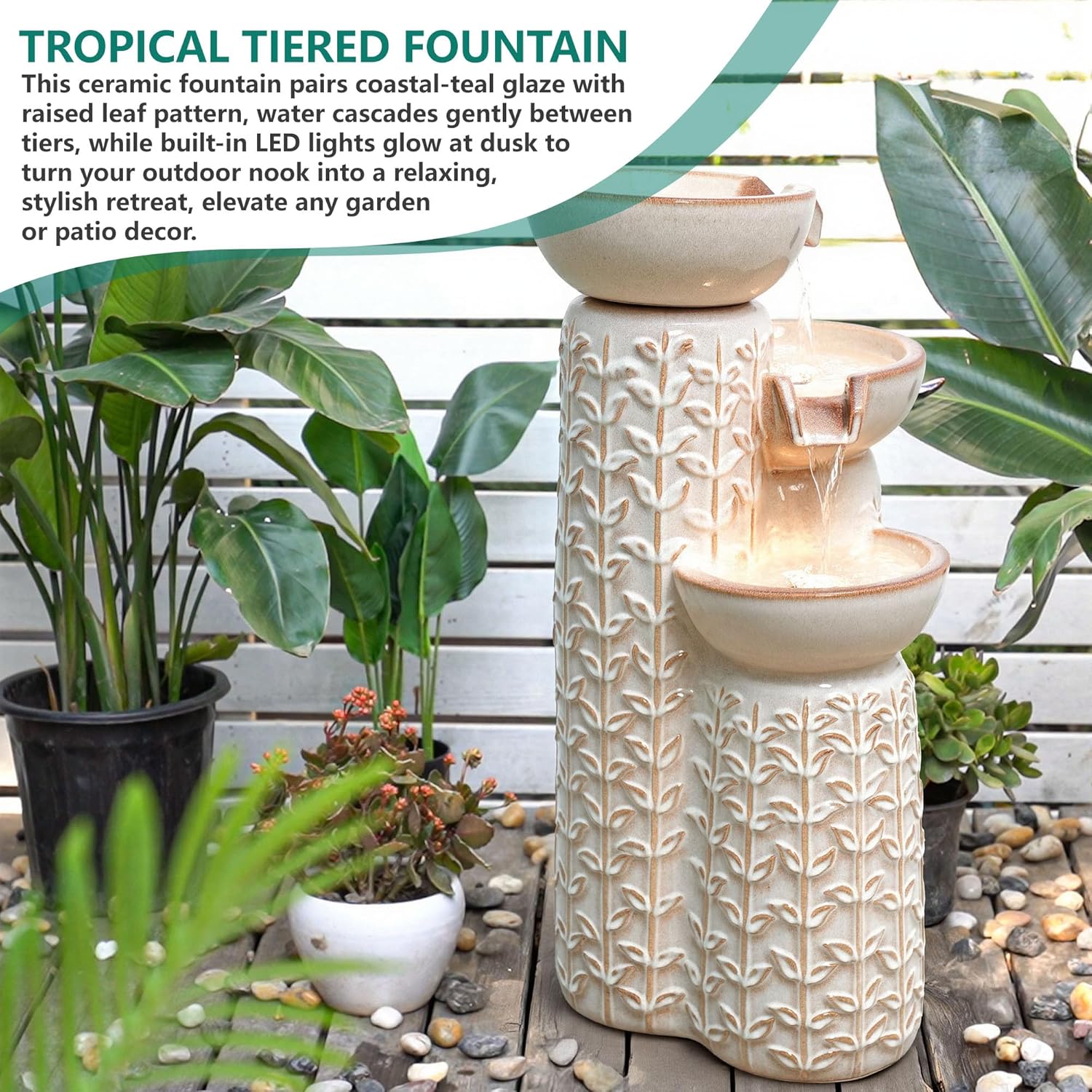 28' H Ceramic Outdoor Water Fountain with LED Lights, 3-Tier Cascading Bowls Water Feature, Tranquil Waterfall for Relaxing Garden, Patio, Yard, or Porch, Beige Glaze, Embossed Leaf Patterns
