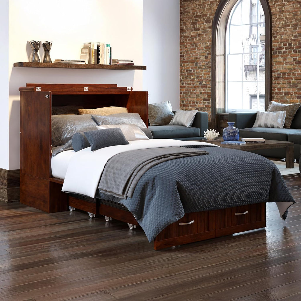AFI, Southampton Murphy Bed Chest Twin XL with 6' Mattress, Storage Drawer & Built-in USB Charger, Walnut