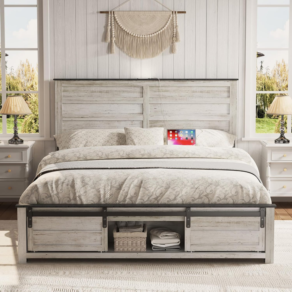 Wooden Bed Frame Queen Size with Headboard & Sliding Barn Door Storage Footboard, Farmhouse Platform Bedframe with Charging Station and LED Lights, No Box Spring Needed, Boho White