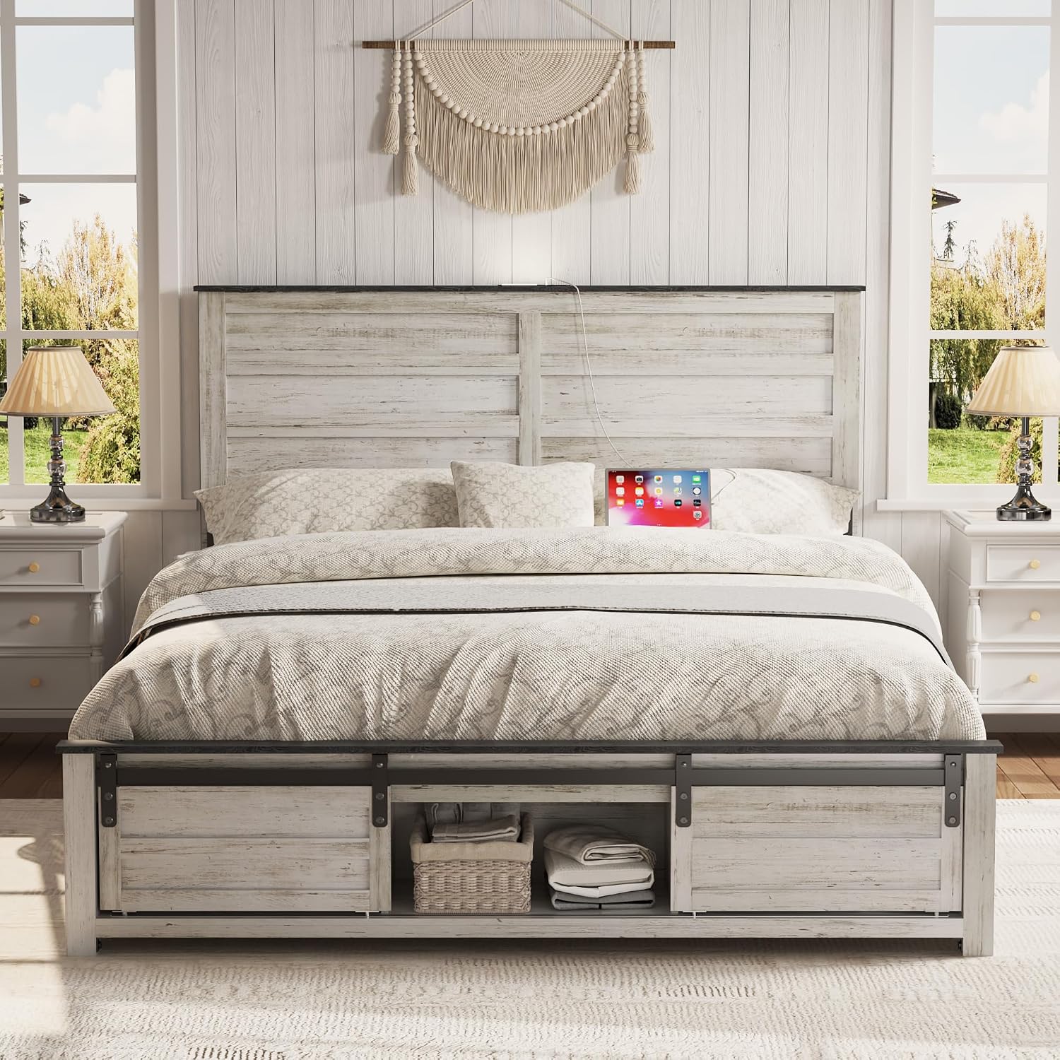 Wooden Bed Frame Queen Size with Headboard & Sliding Barn Door Storage Footboard, Farmhouse Platform Bedframe with Charging Station and LED Lights, No Box Spring Needed, Boho White