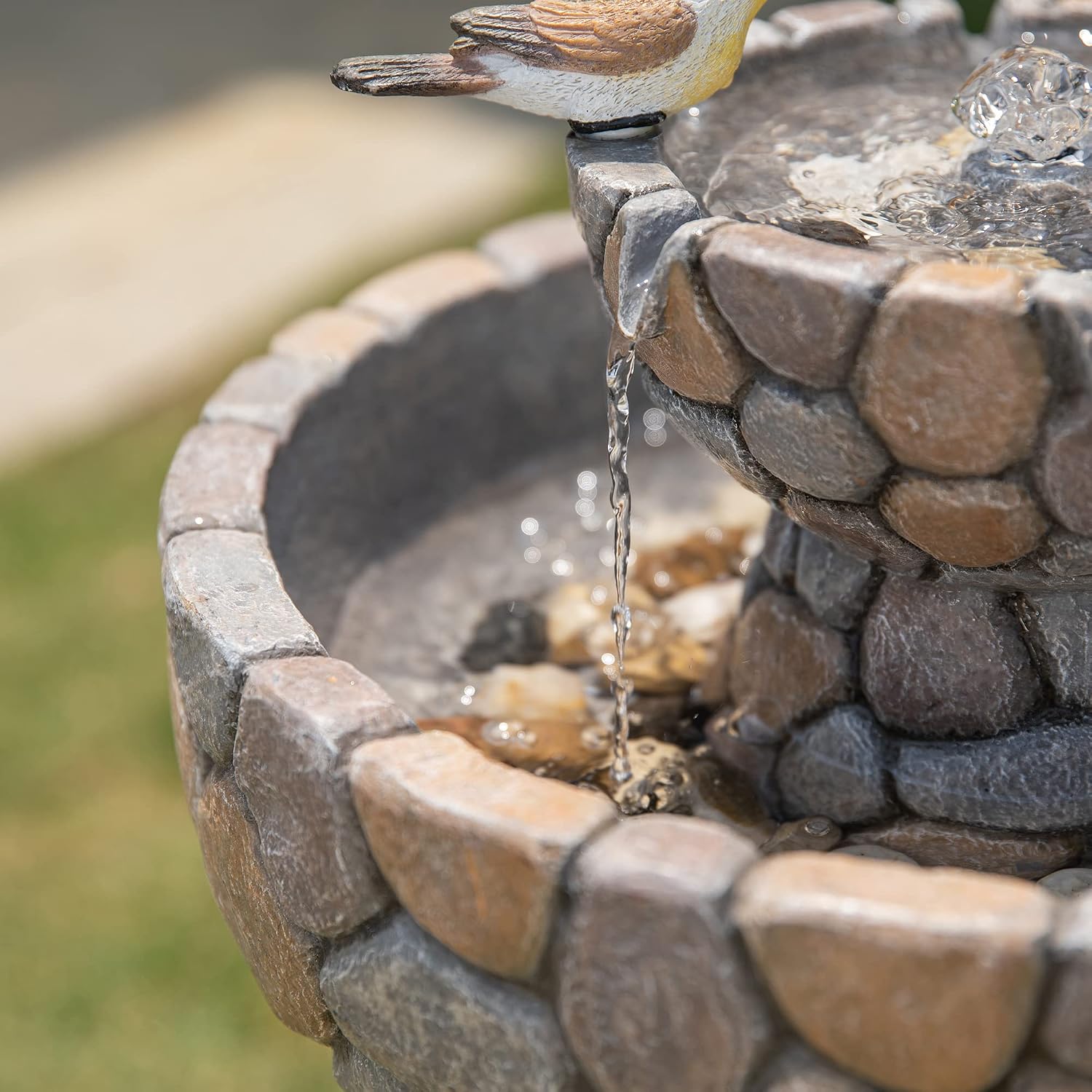 Glitzhome 2-Tier Stone Like Outdoor Water Fountain with Birds, Bird Bath Outdoor Waterfall Fountain Decor, Freestanding Water Fountains with Pump for Garden Yard Patio Porch, 24.41'H