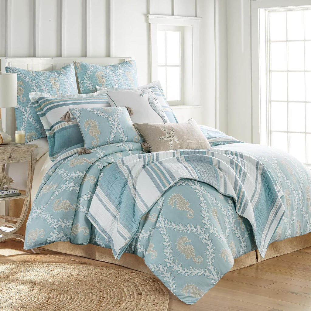 Levtex Home - Kailua Comforter Set - King Comforter (106x94in.) + Two King Pillow Cases (36x20in.) - Stripe - Blue Teal Taupe Cream - Cotton
