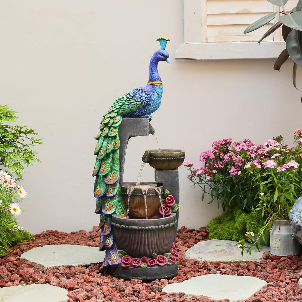 Tankana Outdoor Water Fountain 41' H Cascading Peacock Waterfall Fountain with LED Lights & Pump Tiered Water Feature for Garden, Patio, Backyard, Deck, and Porch Decor