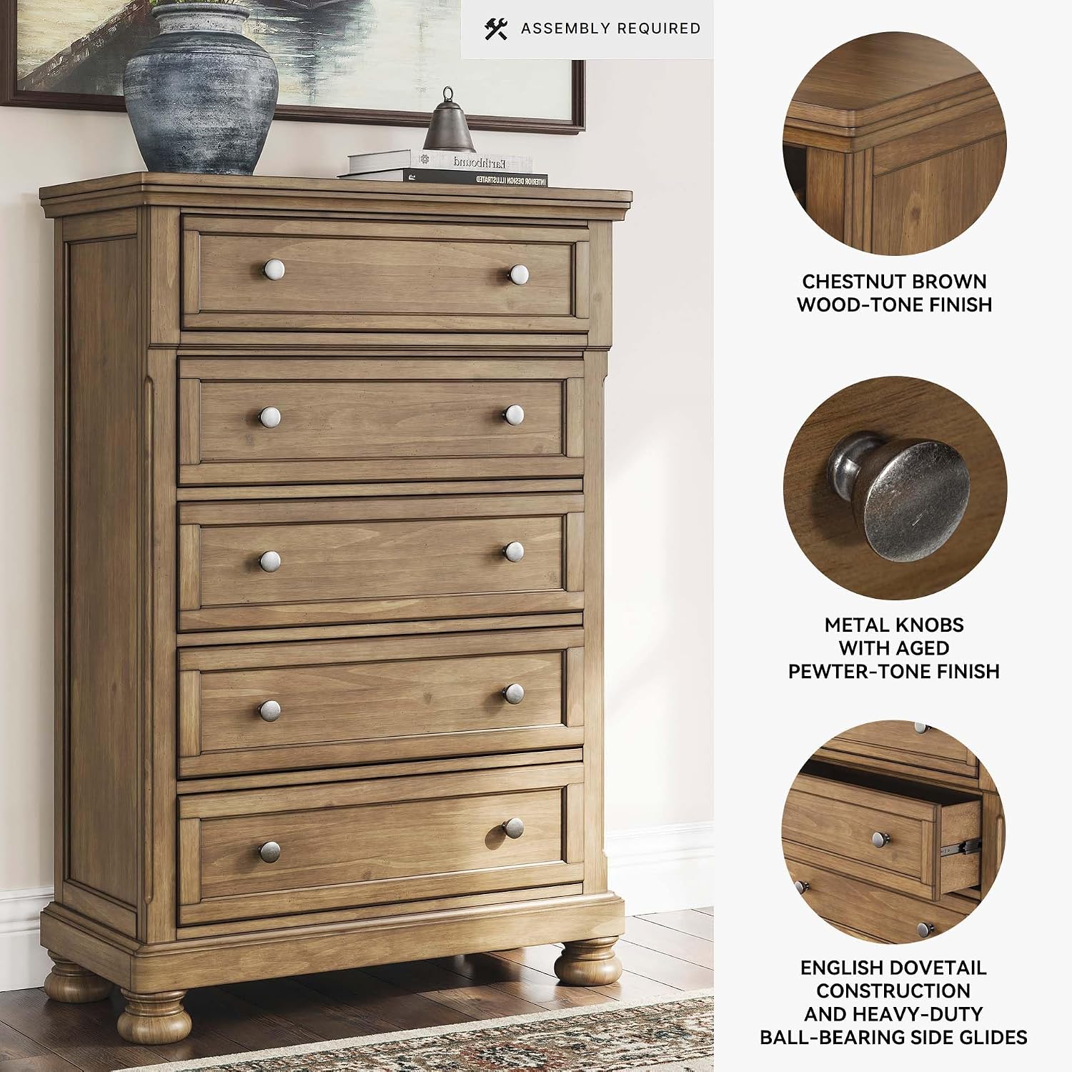 Signature Design by Ashley Glarrison Farmhouse 5-Drawer Chest with Felt-Lined Top Drawer and Easy Glide for Bedroom, Light Brown