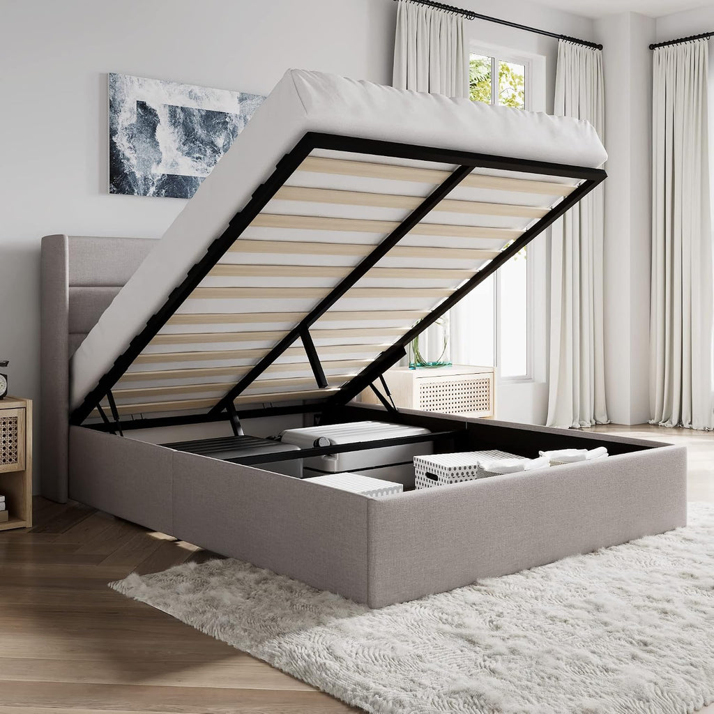 SHA CERLIN Full Size Lift Up Storage Bed/Modern Wingback Headboard/Upholstered Platform Bed Frame/Hydraulic Storage/No Box Spring Needed/Wood Slats Support/Light Beige