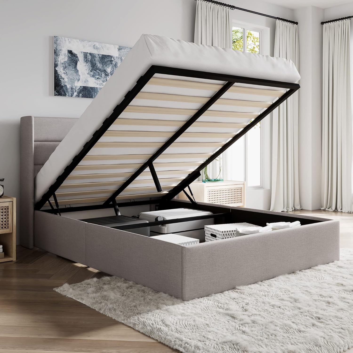 SHA CERLIN Queen Size Lift Up Storage Bed/Modern Wingback Headboard/Upholstered Platform Bed Frame/Hydraulic Storage/No Box Spring Needed/Wood Slats Support/Light Beige
