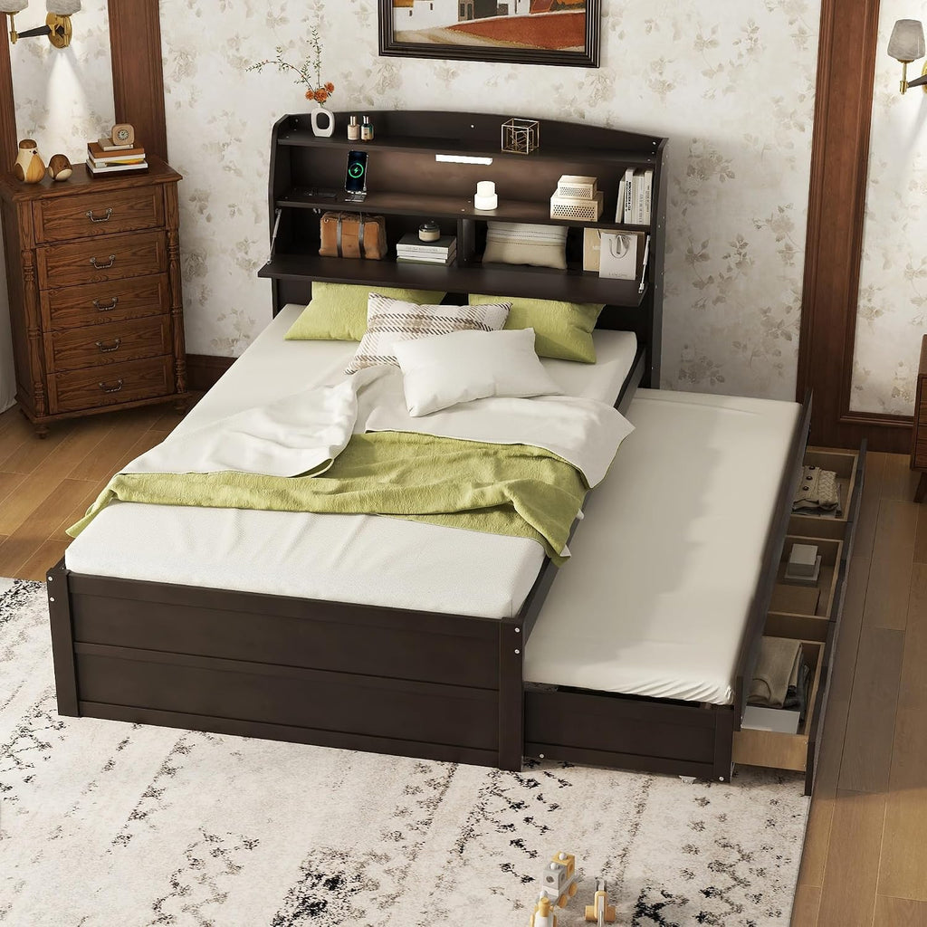 VilroCaz Modern Multi-Function Full Size Platform Bed with Trundle and 3 Drawers, Wood Captain Platform Bed Frame with Storage Headboard and Night Light, Maximized Space (Brown-H1, Full)