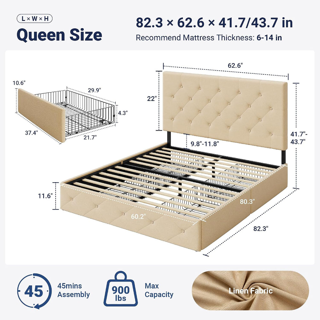 Allewie Upholstered Queen Size Platform Bed Frame with 4 Storage Drawers and Headboard, Diamond Stitched Button Tufted, Mattress Foundation with Wooden Slats Support, No Box Spring Needed, Beige