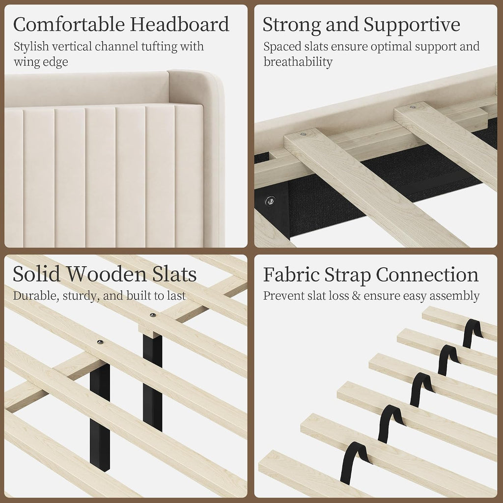 Yaheetech Queen Bed Frame with USB Charging Station and Storage Shelf/Upholstered Headboard Platform Bed with Wing Side/Wooden Slats Support/Noise Free/No Box Spring Needed/Easy Assembly, Cool Beige