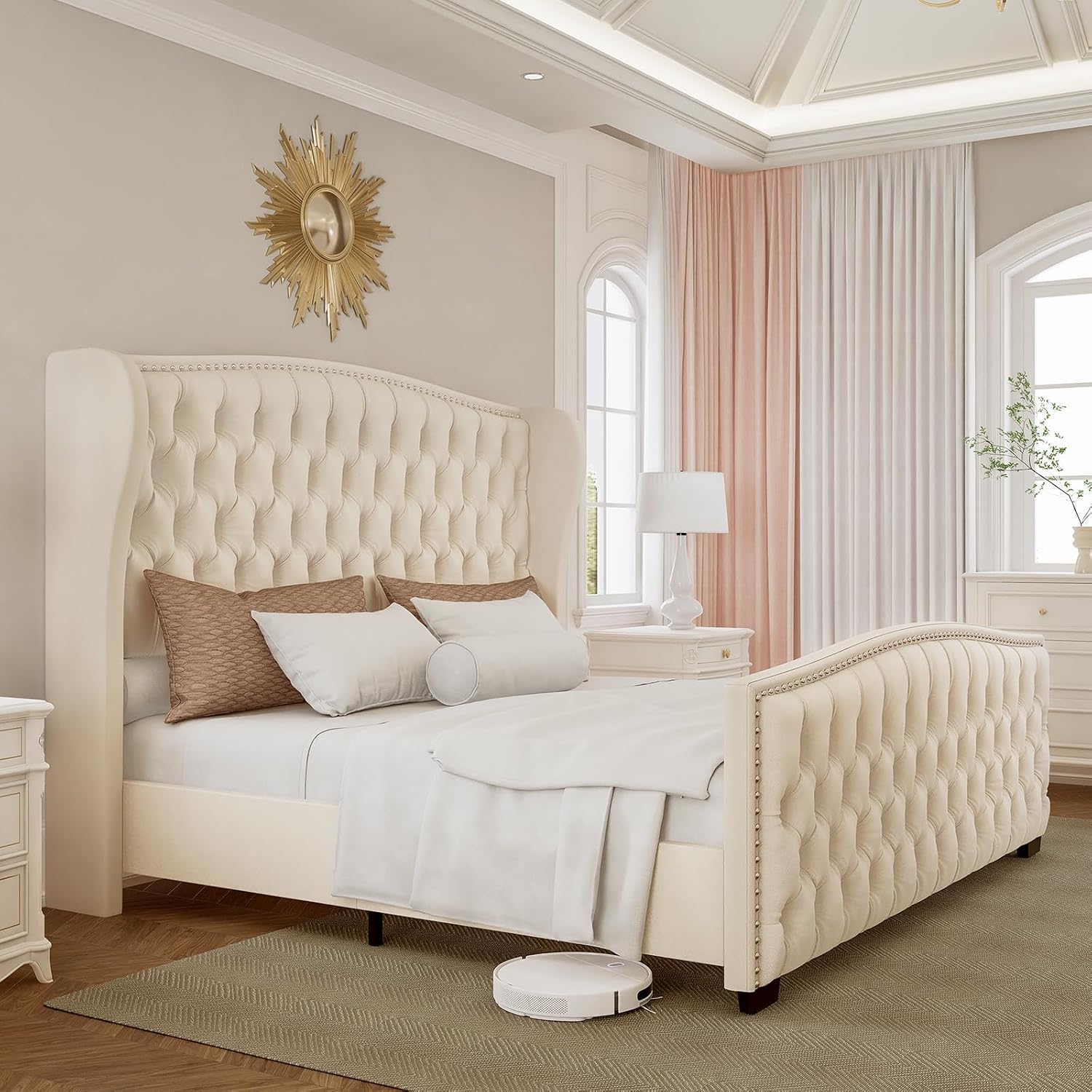 LUXOAK Queen Platform Bed Frame with Wingback Headboard, Velvet Upholstered Bed Frame with Handmade Button Tufted & Nailhead, Wooden Slats Support, Cream