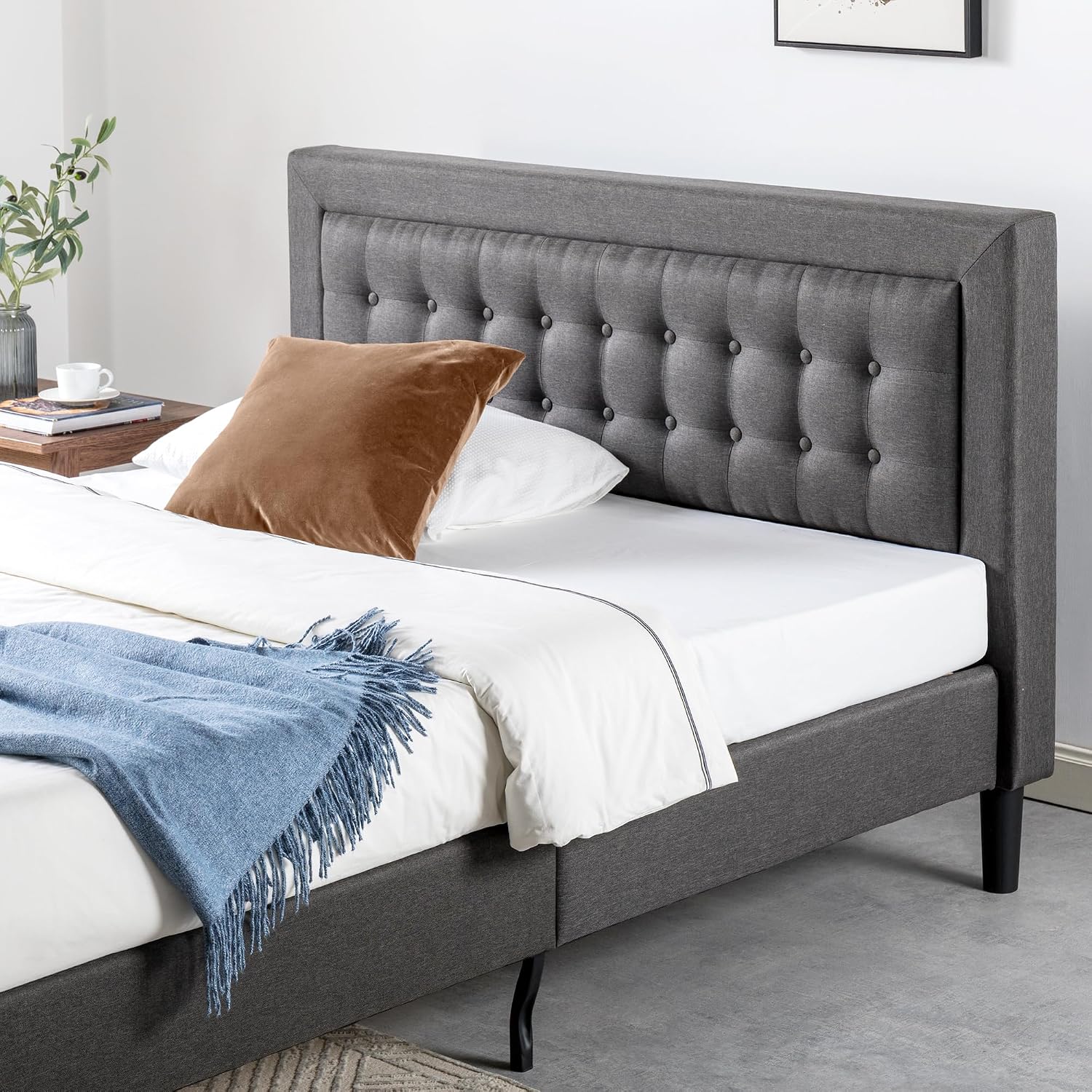 Zinus Dachelle Upholstered Platform Bed Frame, Mattress Foundation, Wood Slat Support, No Box Spring Needed, Easy Assembly, Dark Grey, Full