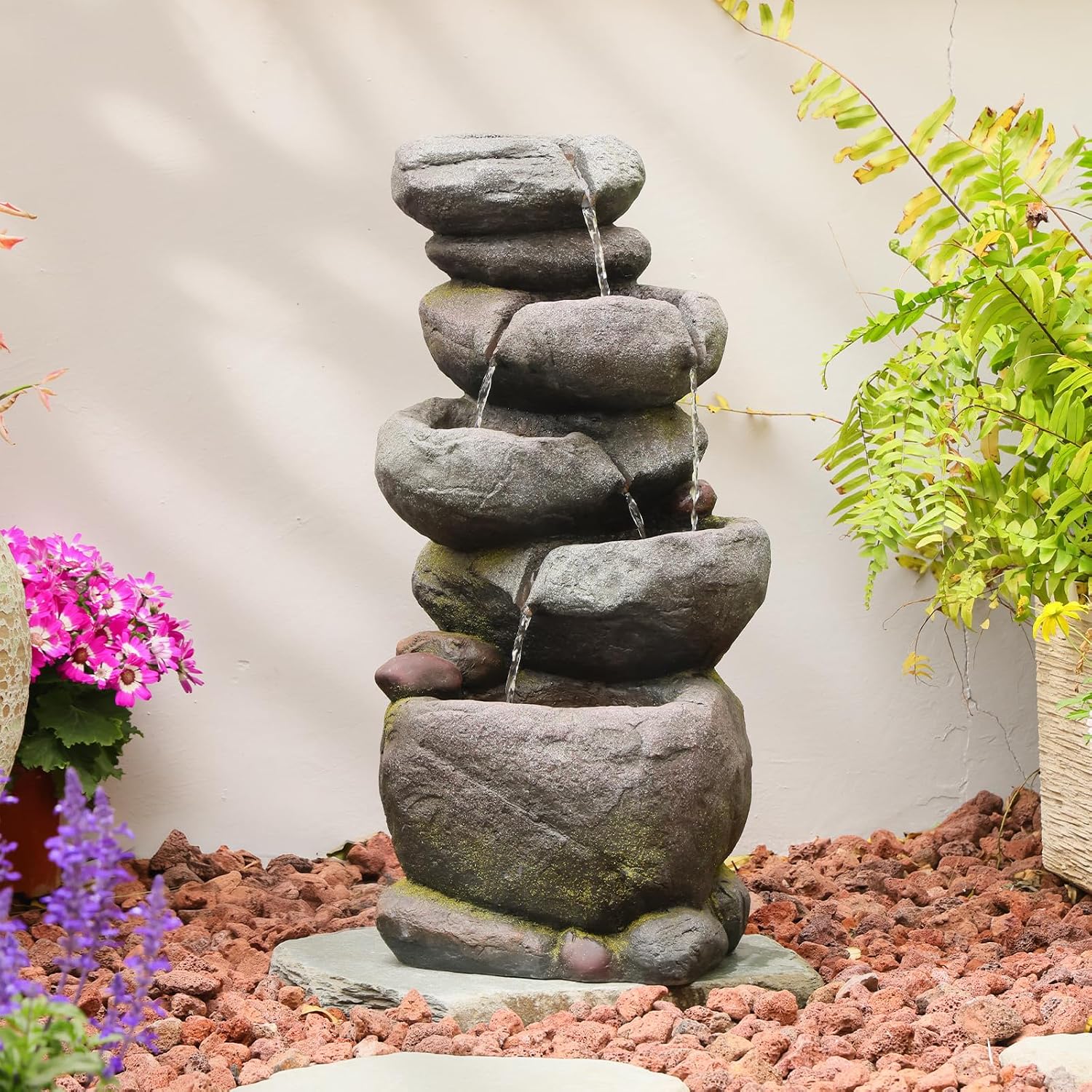 Bumilgar 27.8' H Outdoor Water Fountain with LED Lights, 5-Tier Cascading Stone Waterfall Fountain, Natural Rock Resin Outdoor Water Fountain for Garden Patio Backyard Porch Indoor Decor
