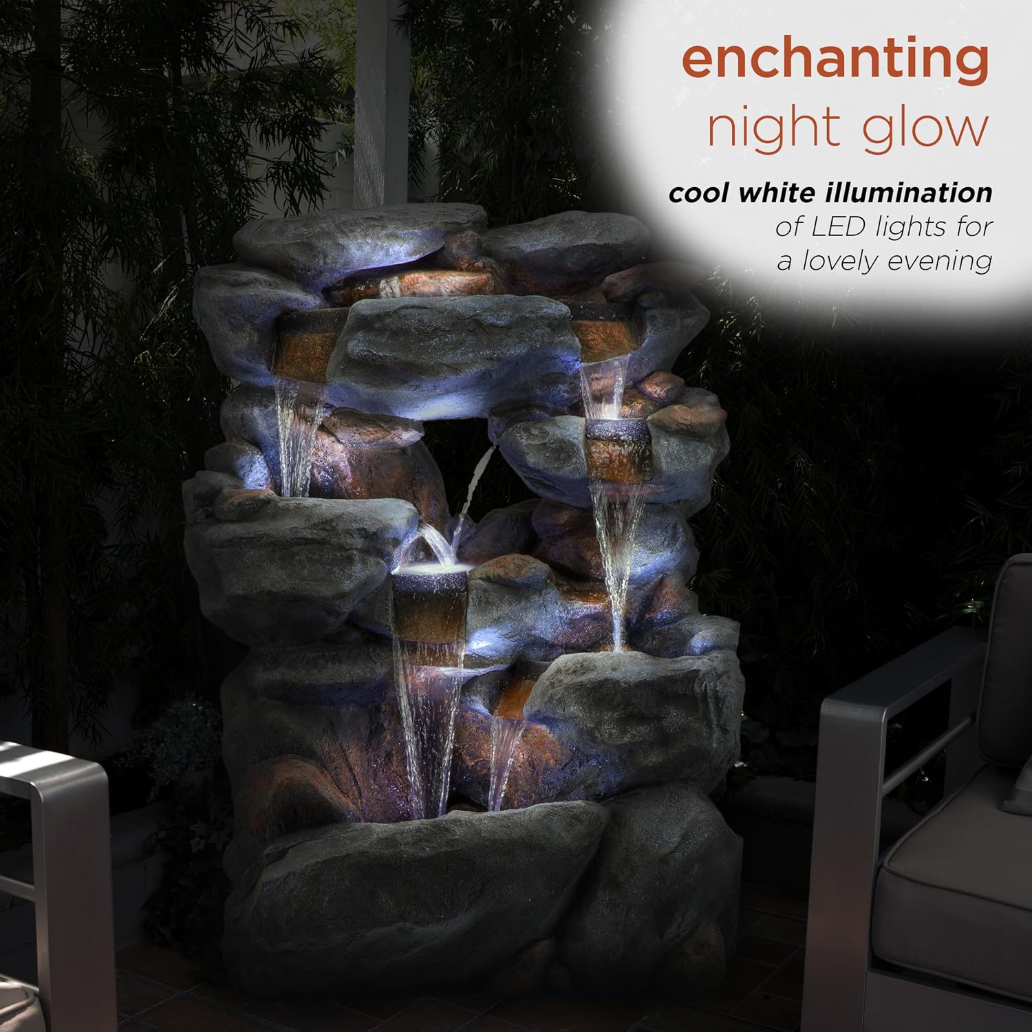Alpine Corporation WIN1068 Outdoor Floor Rock Water Fountain with LED Lights, 5-Tier Rock Waterfall Fountain 54', Dark Brown