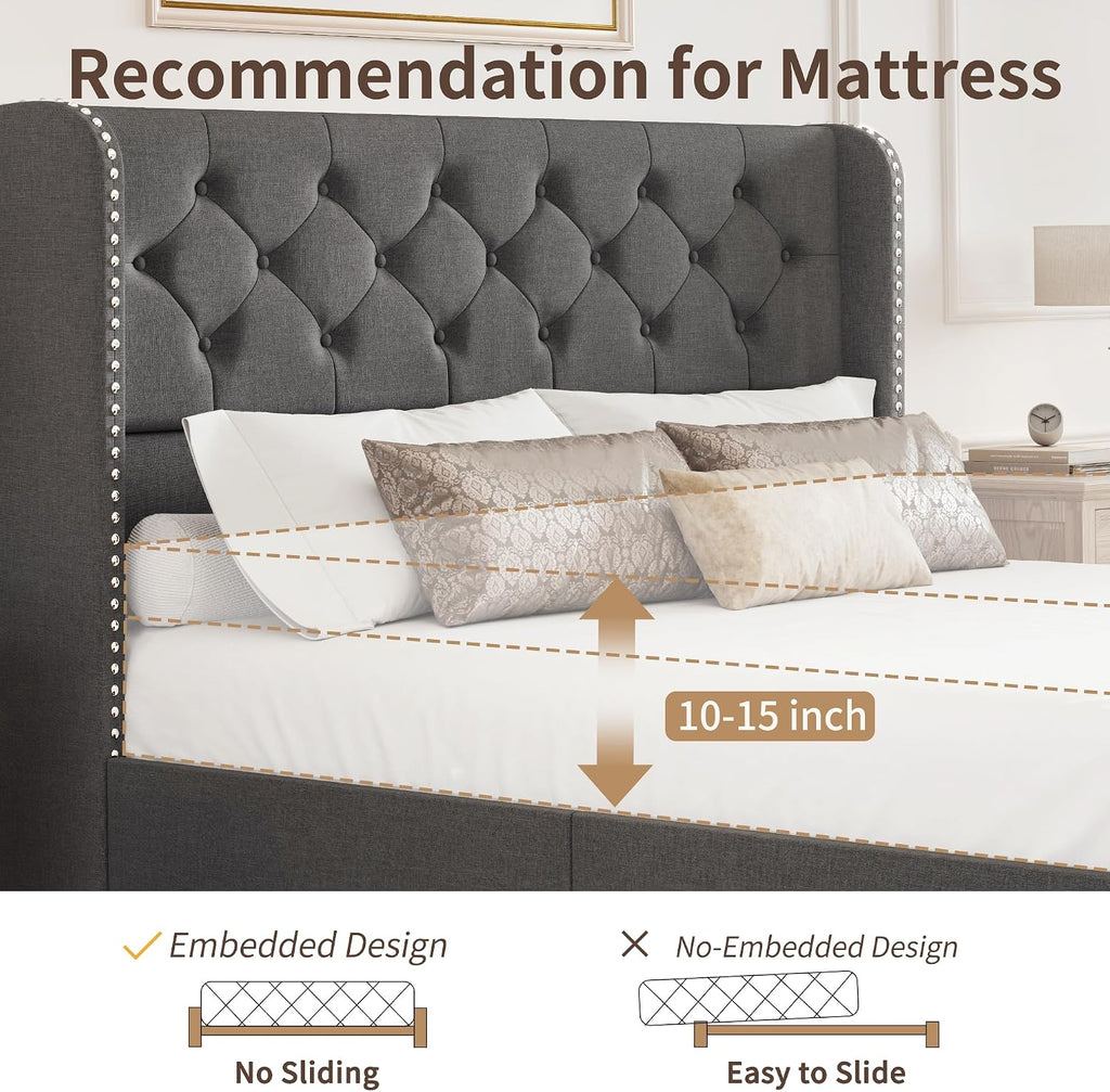 BRELTAM Queen Size Bed Frame with Storage Drawers and Wingback Headboard Linen Upholstered Platform Bed Frame Tufted Beds with Heavy Duty Wood Slats, Noise Free, Easy Assembly, Grey