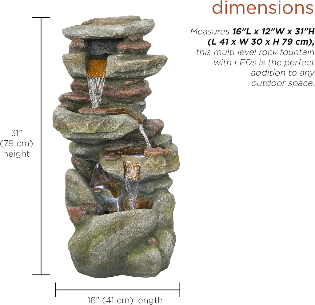 Alpine Corporation 31' Tall Outdoor 4-Tier Rock Floor Fountain, Cascading Waterfall with Cool White LED Lights, Gray