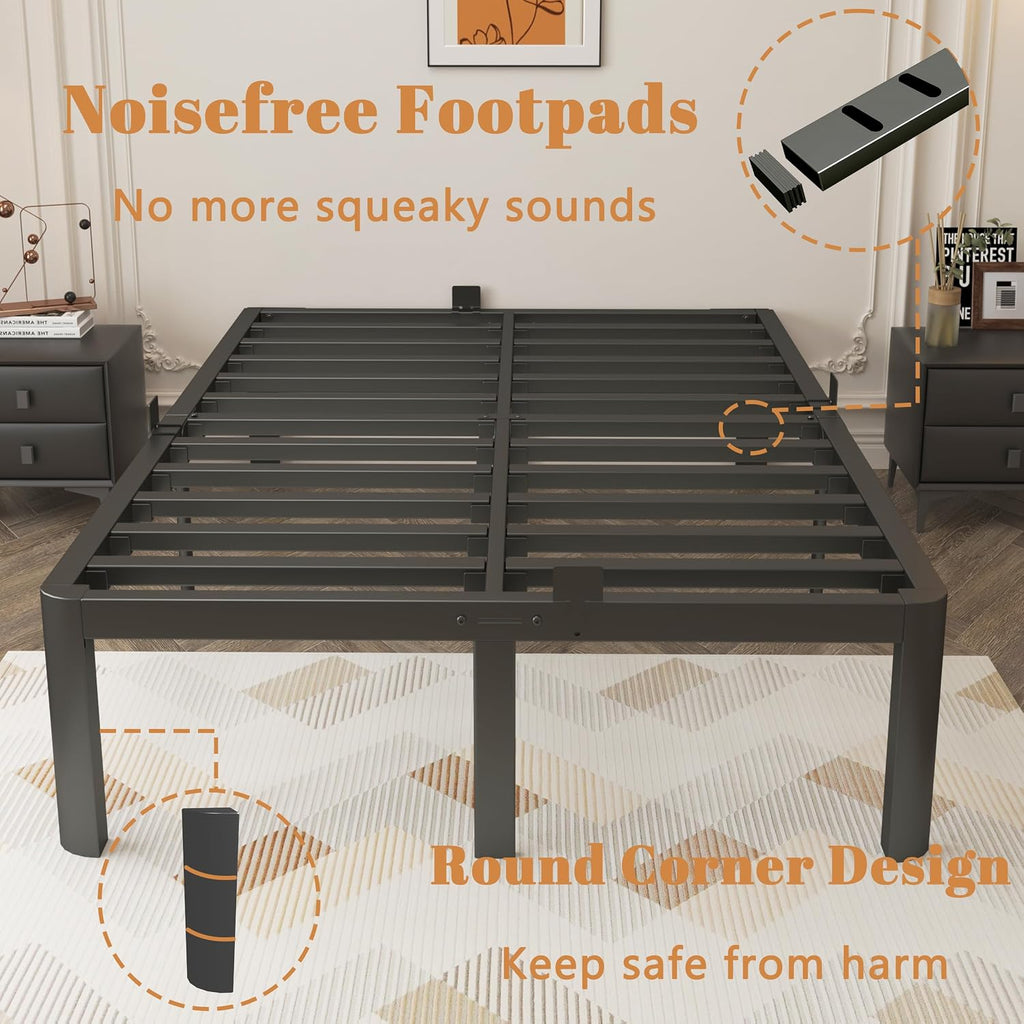 Full Size Bed Frame 16 Inch, Black Full Bed Frame with Anti-Slip Baffles, No Box Spring Needed, Heavy Duty Steel Platform Supprt, Rounded Corner Legs, Reserved Holes, Noiseless, Storage Space