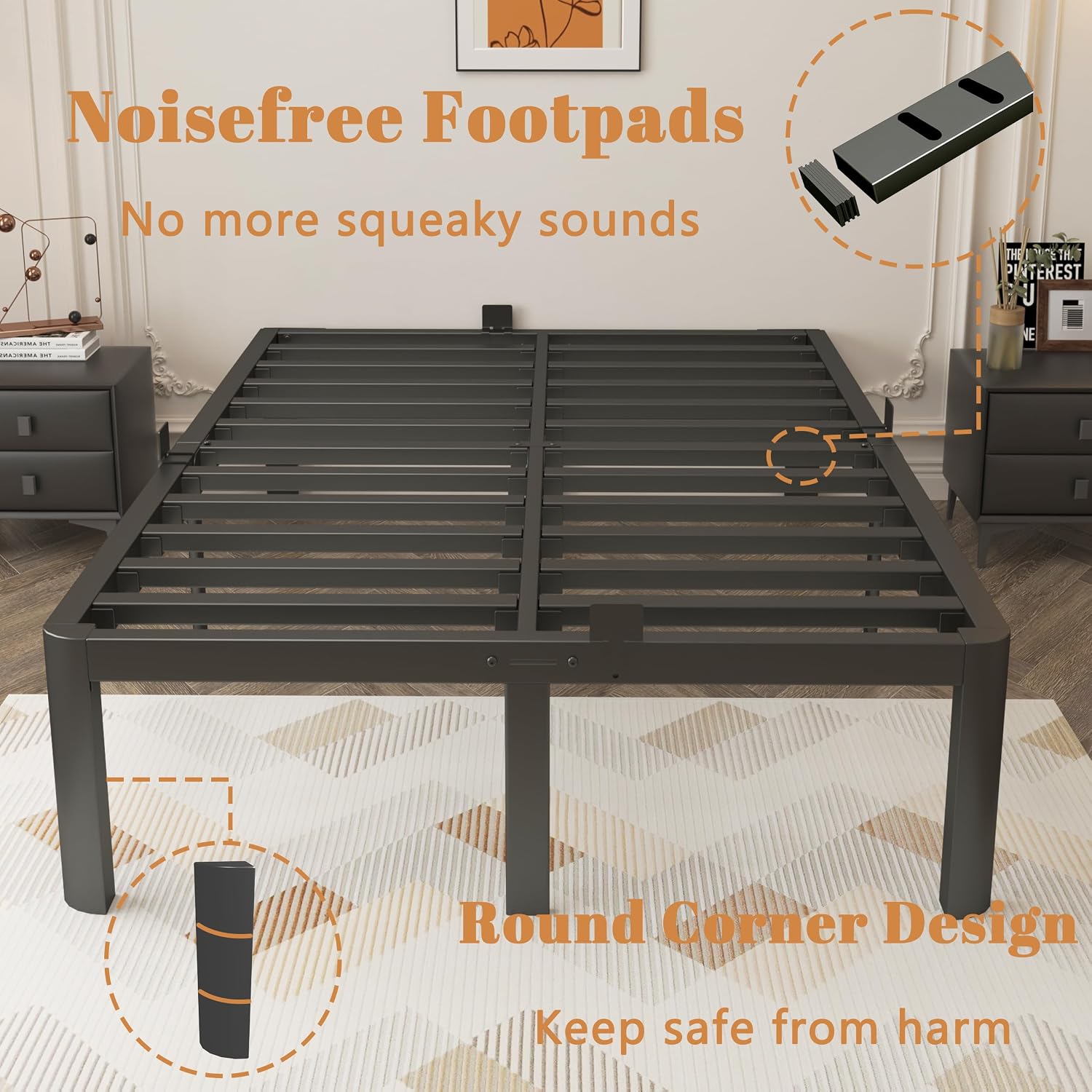 Full Size Bed Frame 16 Inch, Black Full Bed Frame with Anti-Slip Baffles, No Box Spring Needed, Heavy Duty Steel Platform Supprt, Rounded Corner Legs, Reserved Holes, Noiseless, Storage Space