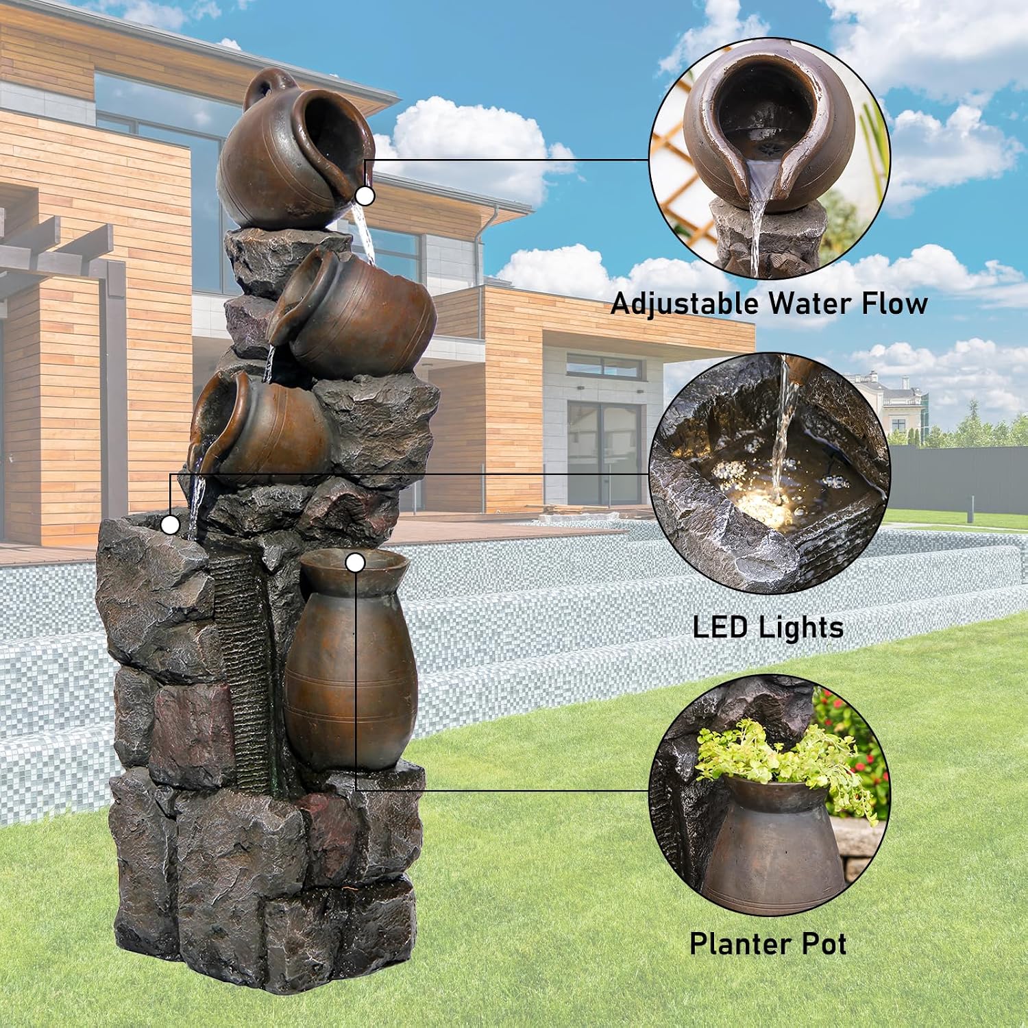 45.67''H Water Fountain Outdoor with Planter Pot 5 Tiers Cascading Waterfall Garden Fountains Indoor LED Lights Water Feature Decor for Porch Patio Backyard Deck