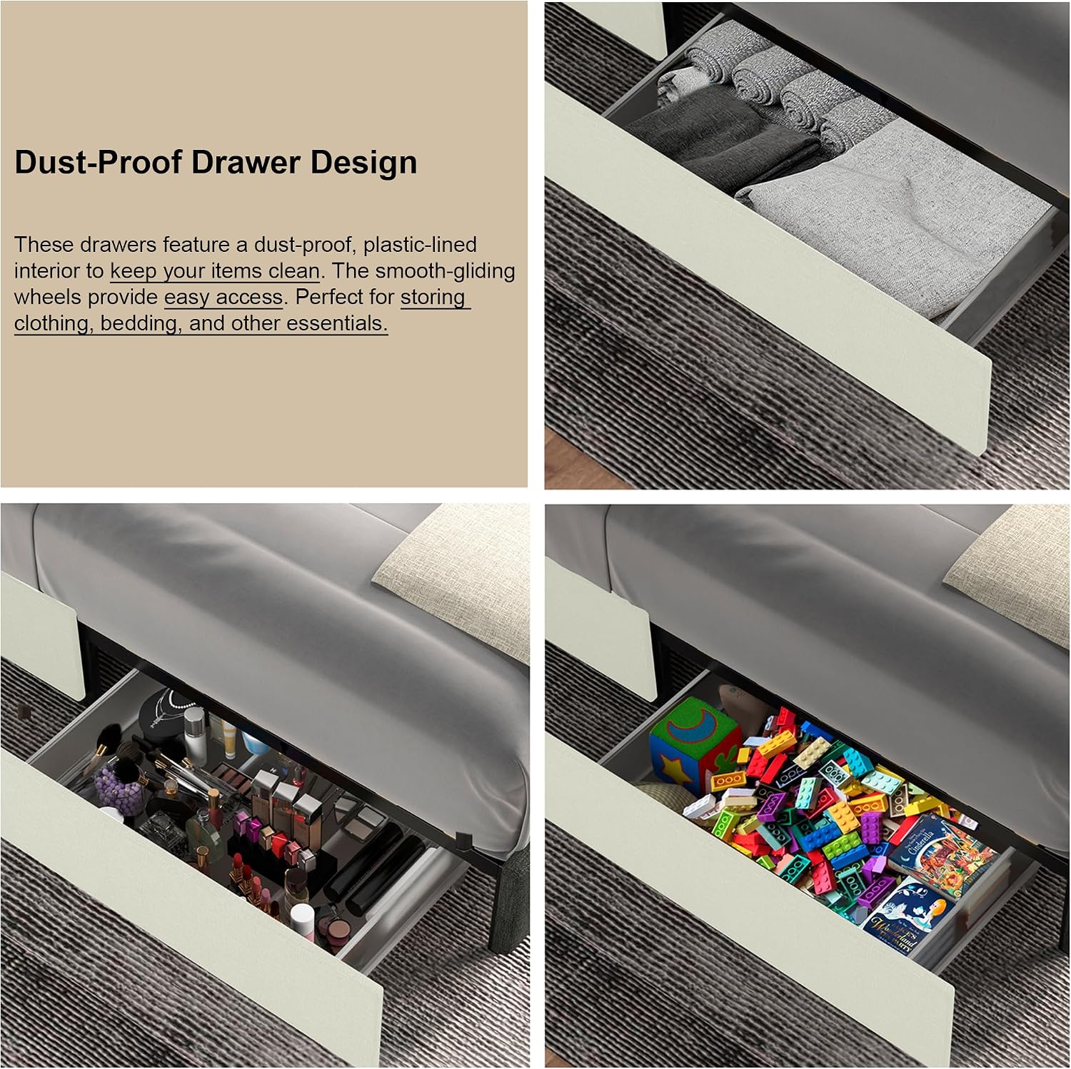 Queen Size Storage Bed Frame with 2 Drawers, Ivory Velvet Upholstered Wingback Platform Bed, Vertical Channel Tufted Headboard, Metal Frame Support, No Box Spring Needed | 2 Drawers, Metal Frame Support, No Box Spring Needed, Quick-Setup Tooling