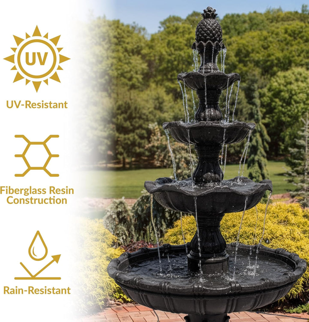 Sunnydaze Grand Courtyard 4-Tier Large Outdoor Water Fountain - 80' Tall Outdoor Fountain - Tiered Electric Garden Water Feature for Patio, Backyard, or Yard - Faux Stone Resin - Black