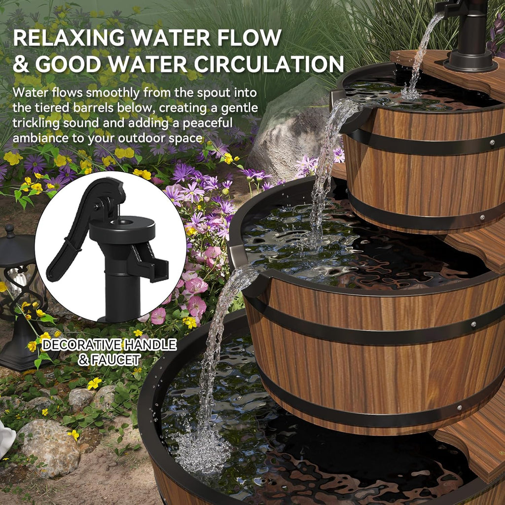 Aoxun 3-Tier Outdoor Water Fountain, Wood Barrel Cascading with Electric Decorative Hand Pump, Rustic Waterfall Fountain for Garden, Backyard, Patio, Porch, Yard
