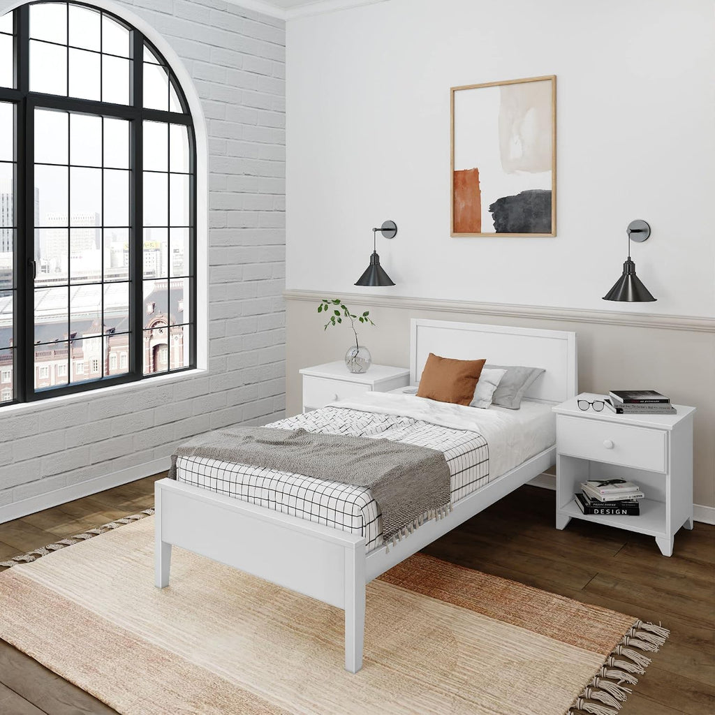 Plank+Beam Solid Wood Twin Bed Frame with Panel Headboard, Modern Twin Platform Bed with Wood Slat Support, No Box Spring Needed, White