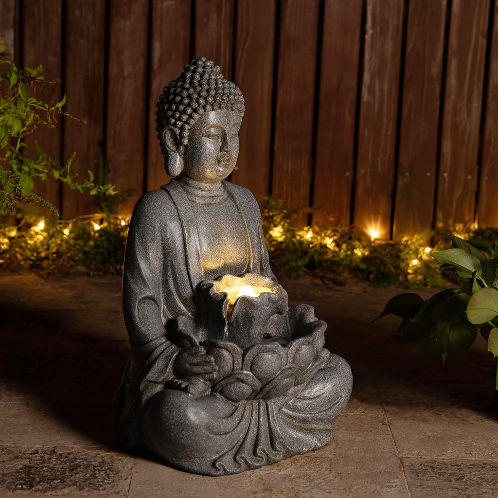 Glitzhome Buddha Fountain Outdoor with Pump & LED Light 23.25' H, 2-Tier Zen Style Concrete Meditating Buddha Statues Water Fountains Floor Fountains Buddhas Sculpture for Garden Patio Backyard